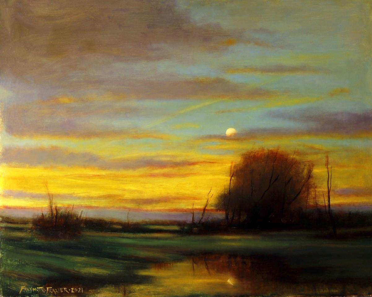 Rose Freymuth-Frazier Landscape Painting - Quiet Evening - Setting Sun and Rising Moon, Reflective and Romantic Colors 