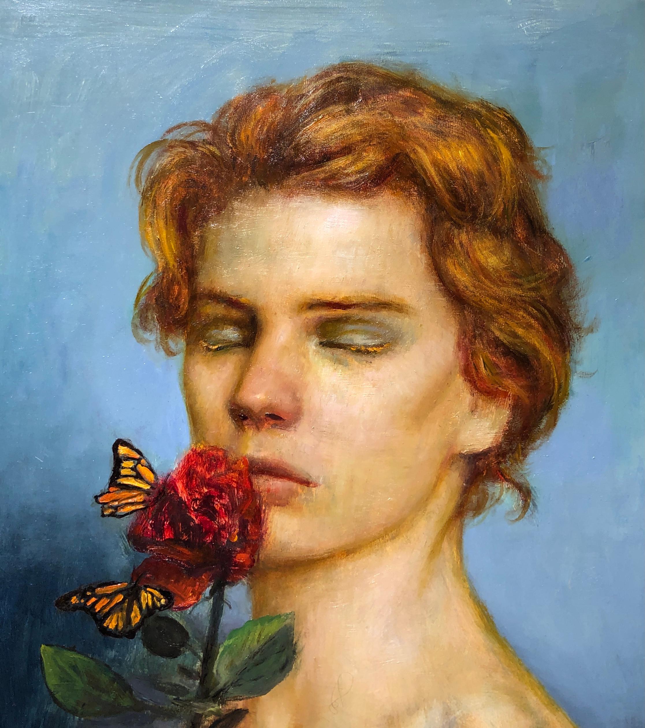 Redheaded Boy, Young Male Portrait w/ Rose and Butterflies, Framed, Oil on Panel - Painting by Rose Freymuth-Frazier