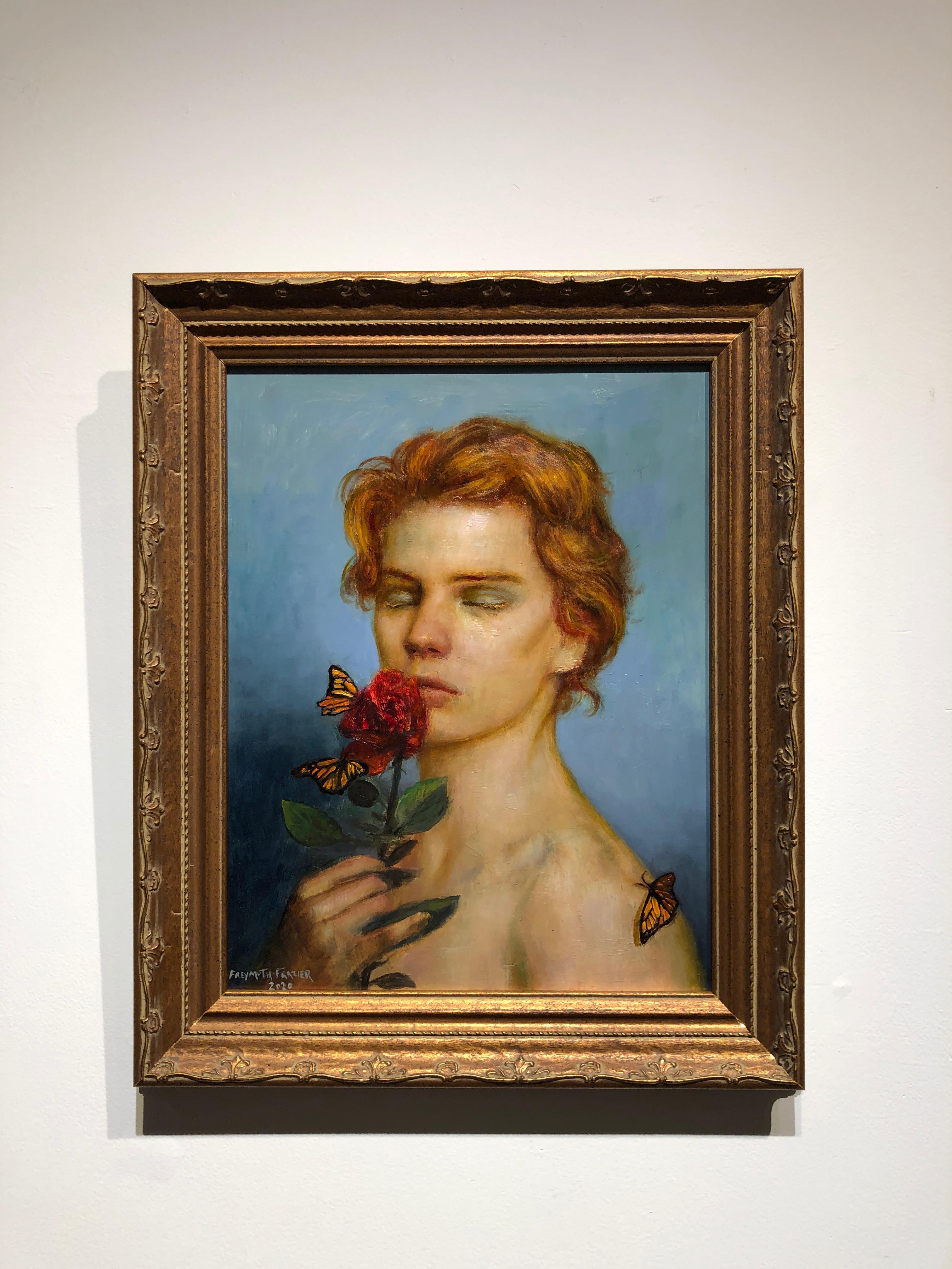 Redheaded Boy, Young Male Portrait w/ Rose and Butterflies, Framed, Oil on Panel - Contemporary Painting by Rose Freymuth-Frazier