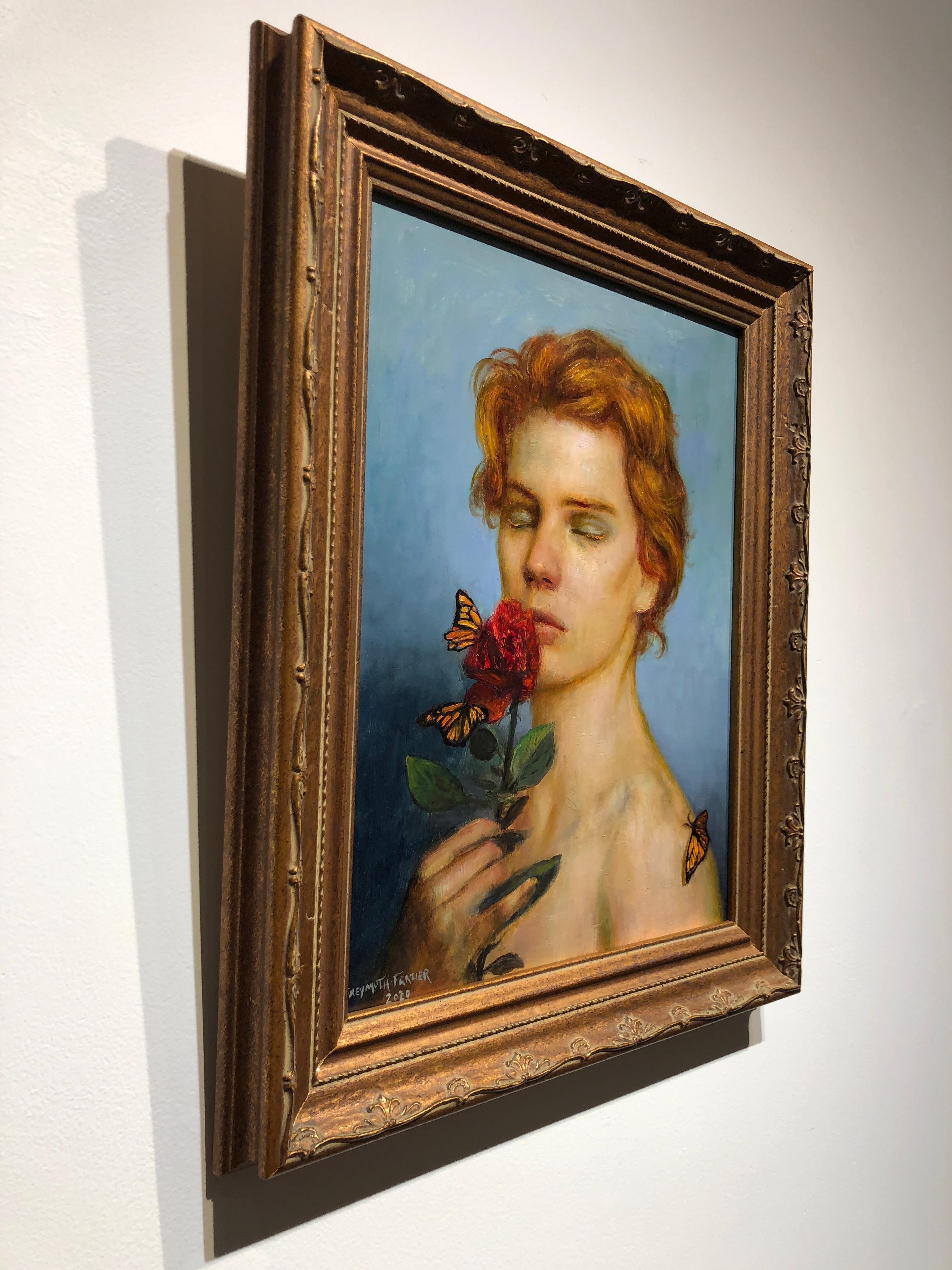Redheaded Boy, Young Male Portrait w/ Rose and Butterflies, Framed, Oil on Panel - Gray Figurative Painting by Rose Freymuth-Frazier