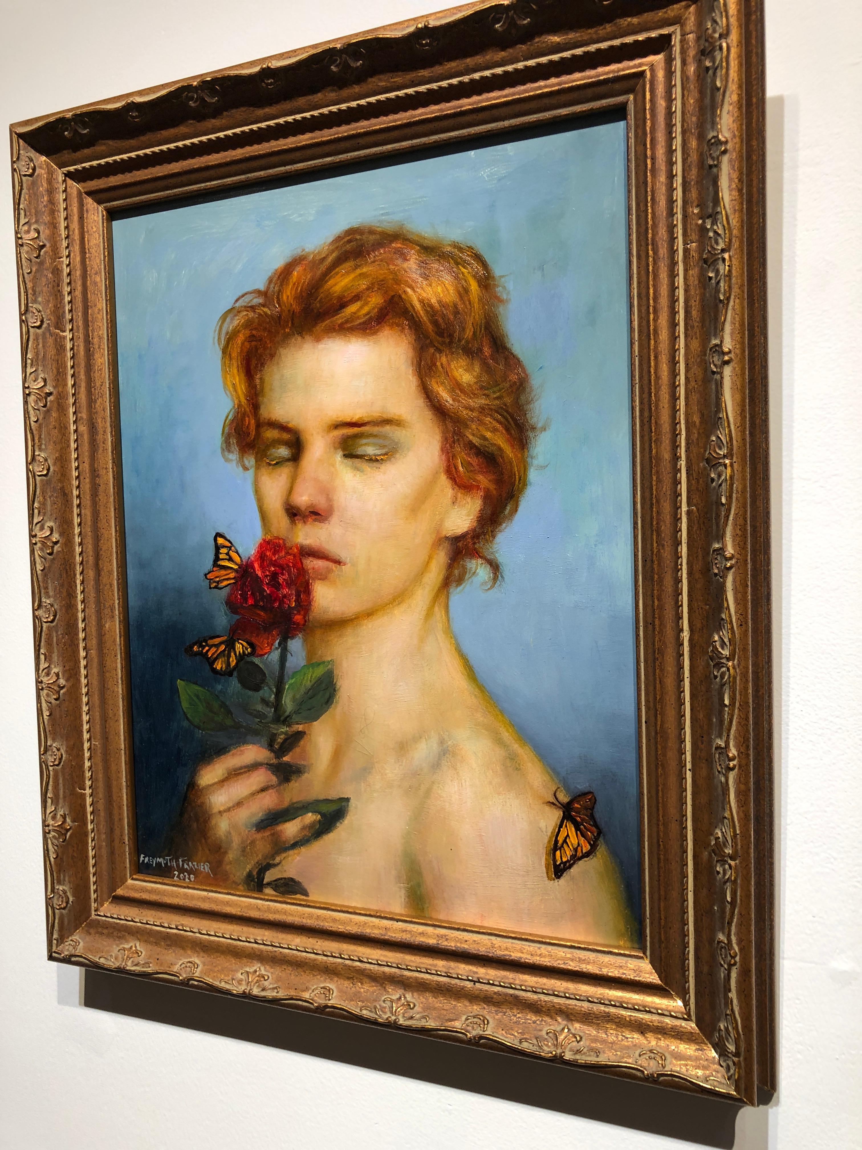 Redheaded Boy, Young Male Portrait w/ Rose and Butterflies, Framed, Oil on Panel 1