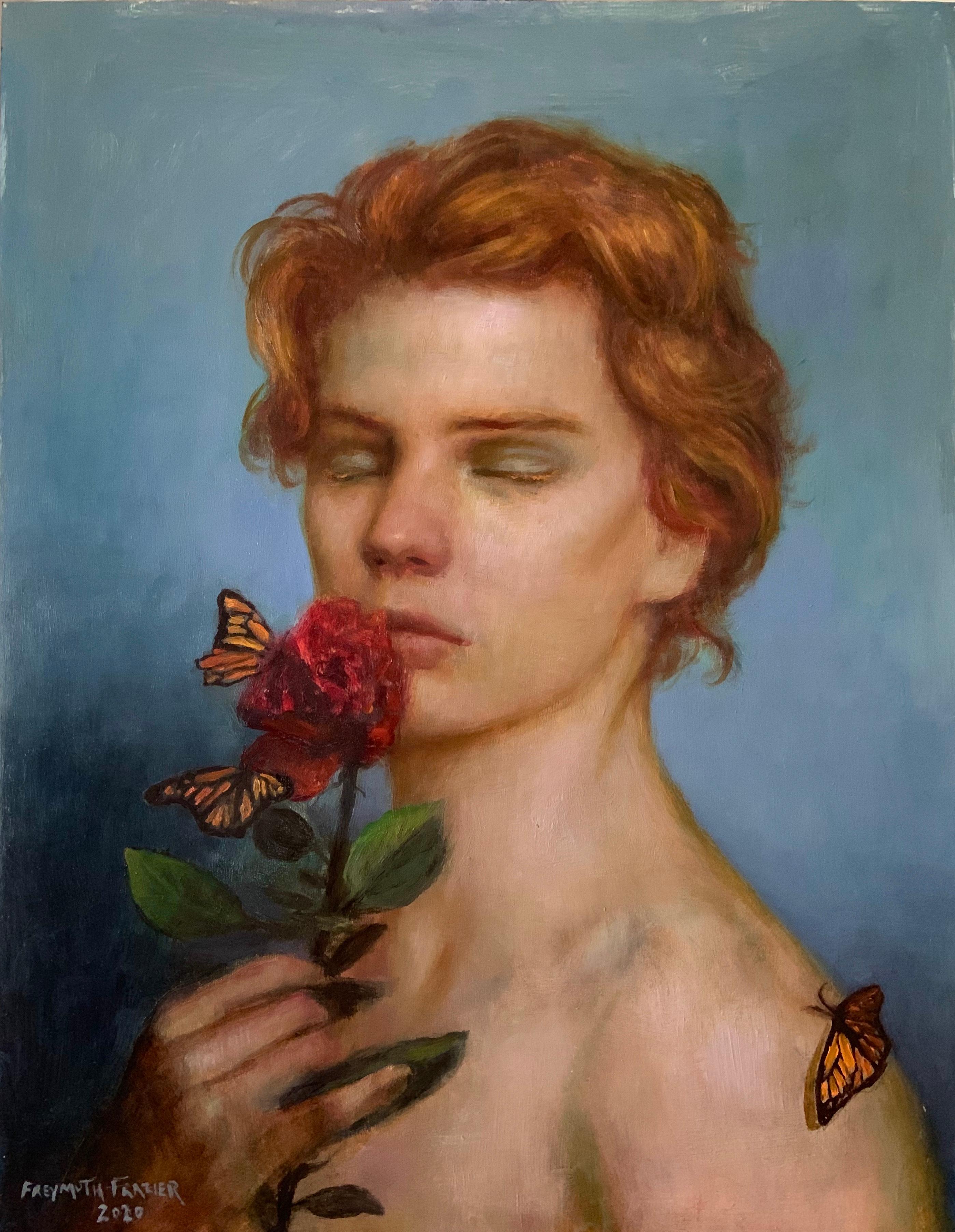 Rose Freymuth-Frazier Figurative Painting - Redheaded Boy, Young Male Portrait w/ Rose and Butterflies, Framed, Oil on Panel