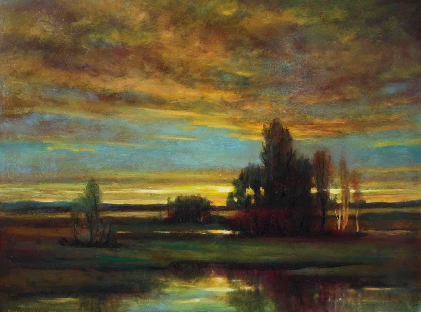 Rose Freymuth-Frazier Landscape Painting - Sacred Space - Original Oil Painting w/ Setting Sun Reflecting Romantic Colors