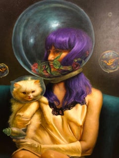 Safe Space, Woman On Teal Couch with a Persian Cat and Butterflies, Oil Painting