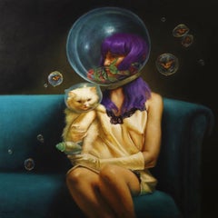Safe Space, Woman On Teal Couch with a Persian Cat and Butterflies, Oil Painting