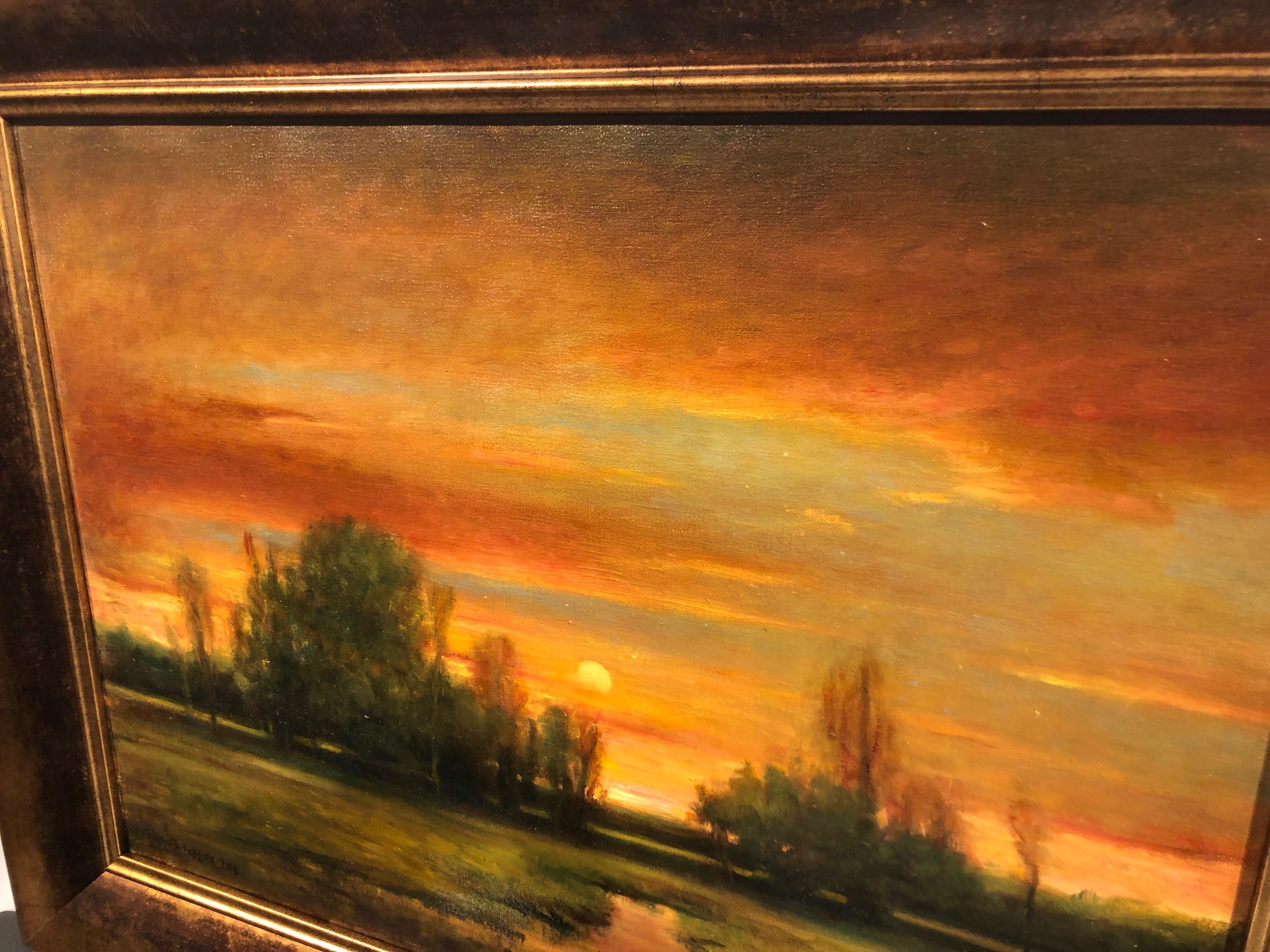 Satinhimmel  - Original-Ölgemälde mit weichem Licht, das romantische Farben reflektiert (Braun), Landscape Painting, von Rose Freymuth-Frazier