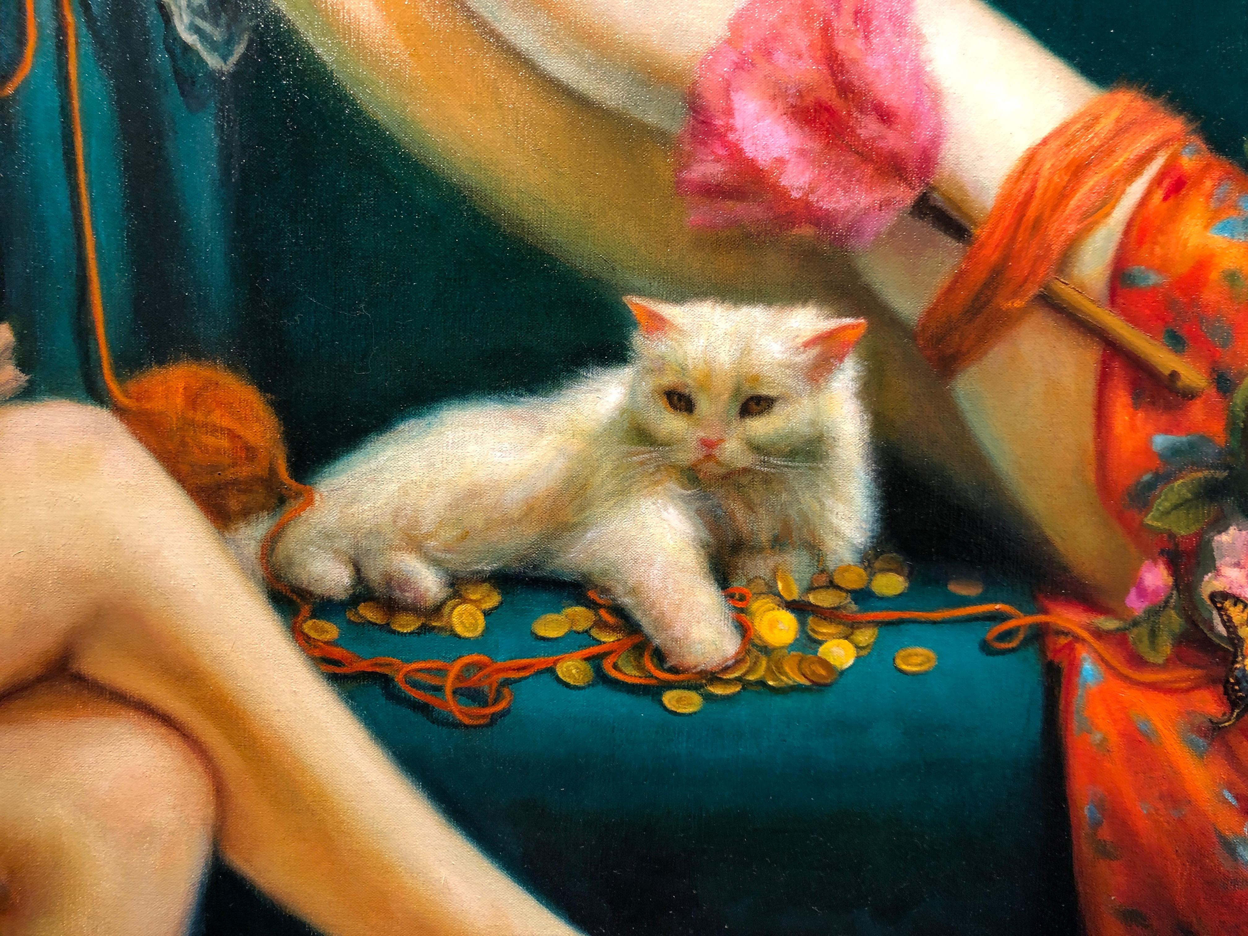 Self-Made,  Woman Lounging on Teal Couch with Persian Cat, Original Oil Painting 3