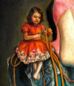 Self-Made,  Woman Lounging on Teal Couch with Persian Cat, Original Oil Painting