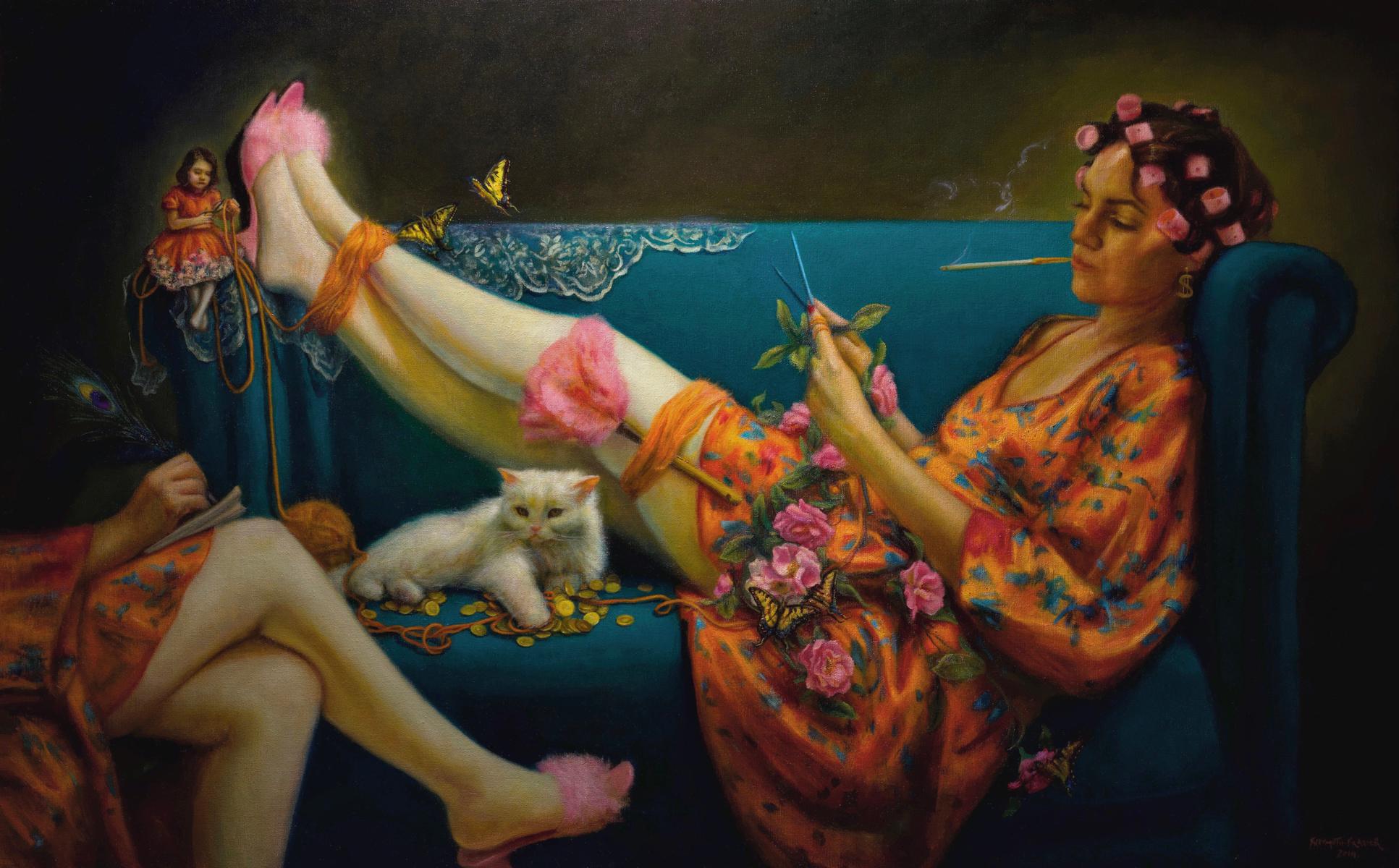 Rose Freymuth-Frazier Animal Painting - Self-Made,  Woman Lounging on Teal Couch with Persian Cat, Original Oil Painting