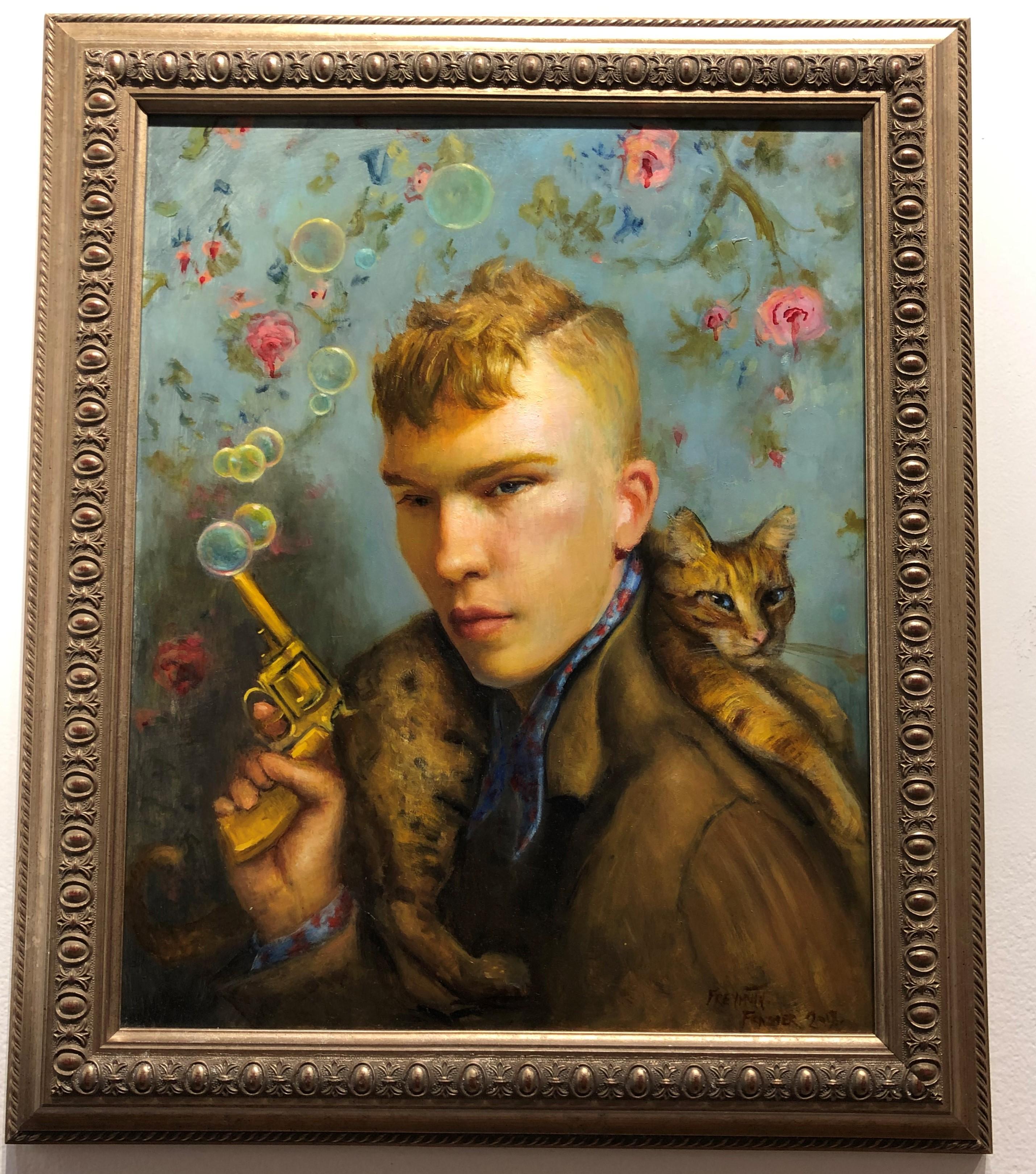 man with cat painting