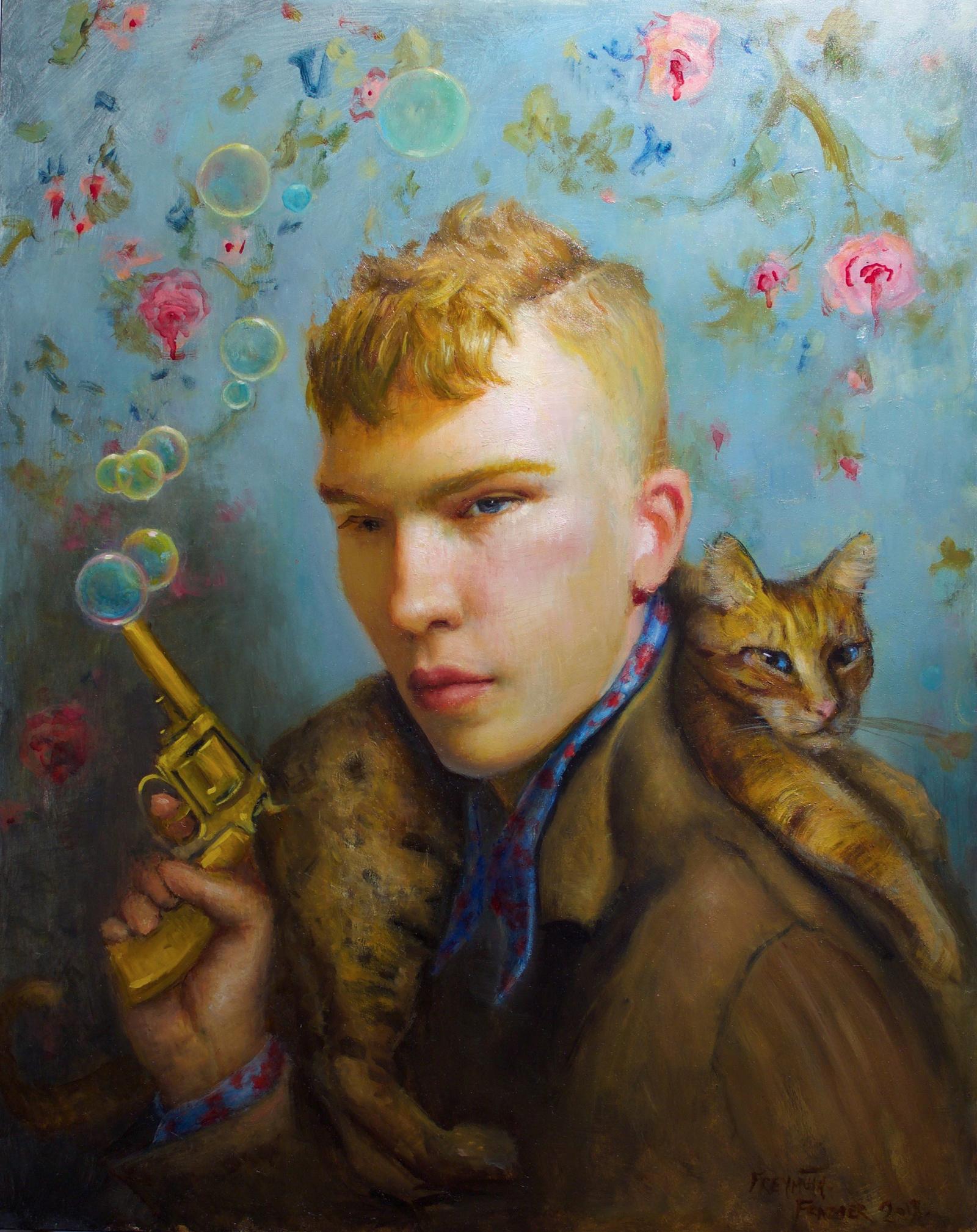 Rose Freymuth-Frazier Animal Painting - Small Game Hunter - Original Oil Painting with Young Man and Cat