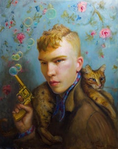 Small Game Hunter - Original Oil Painting with Young Man and Cat