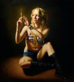 Stimulus - Oil Painting of Scantily Clad Woman with Syringe, 50x53 in