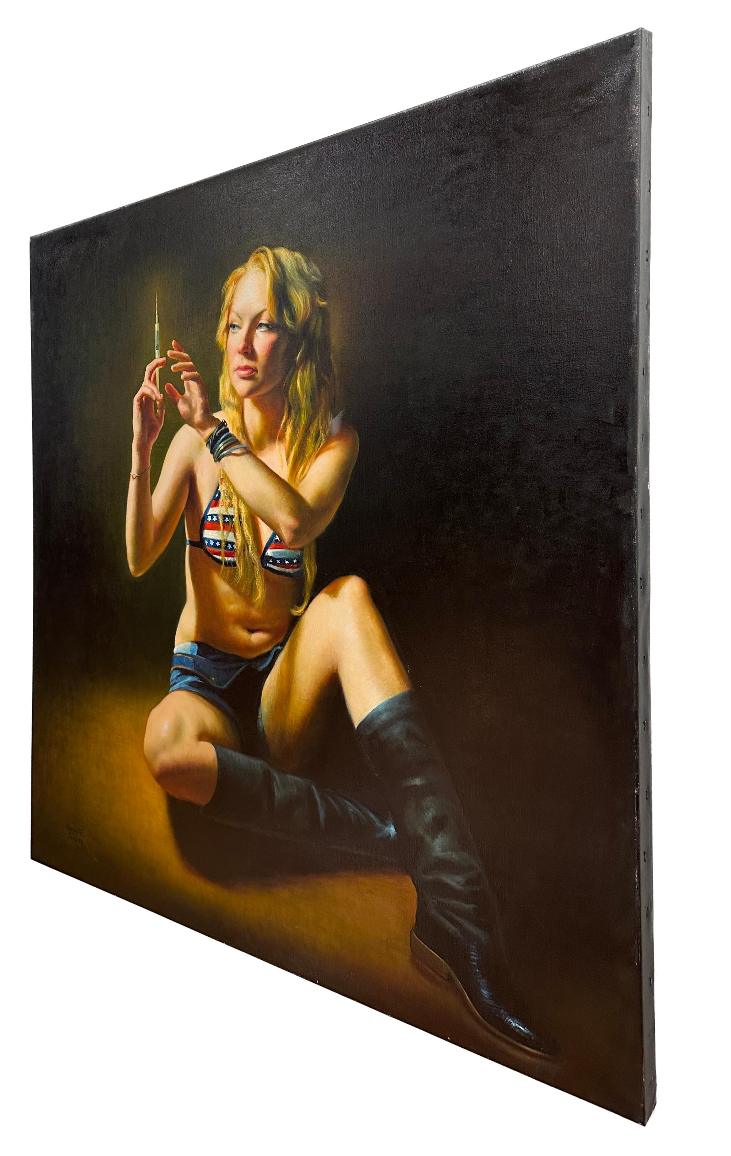 Stimulus, schlangenförmig geschnittene Frau mit Hypodermie-Nadelspitze, Original Ölgemälde – Painting von Rose Freymuth-Frazier