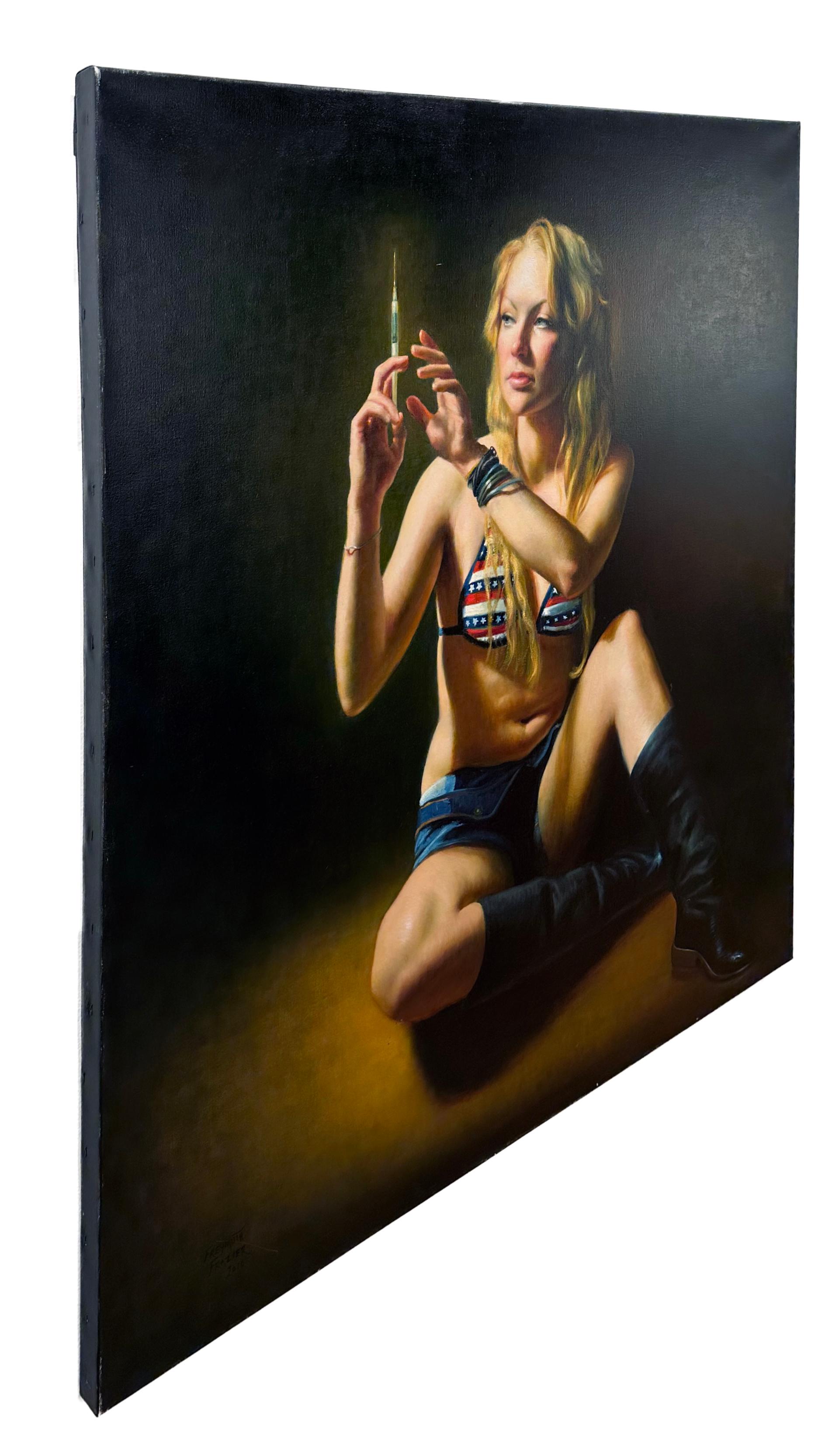 Stimulus, schlangenförmig geschnittene Frau mit Hypodermie-Nadelspitze, Original Ölgemälde (Zeitgenössisch), Painting, von Rose Freymuth-Frazier