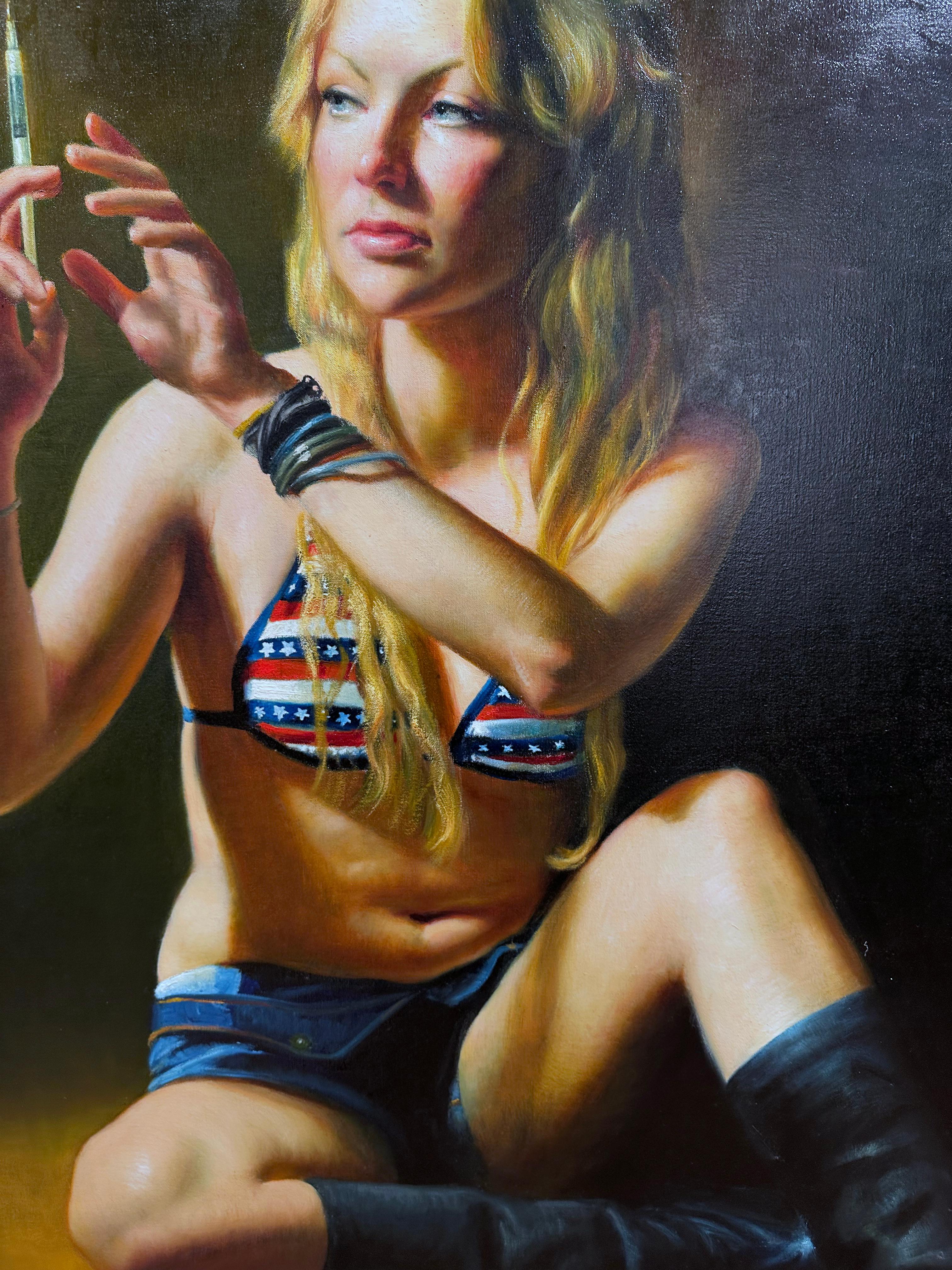 Stimulus, schlangenförmig geschnittene Frau mit Hypodermie-Nadelspitze, Original Ölgemälde (Schwarz), Nude Painting, von Rose Freymuth-Frazier
