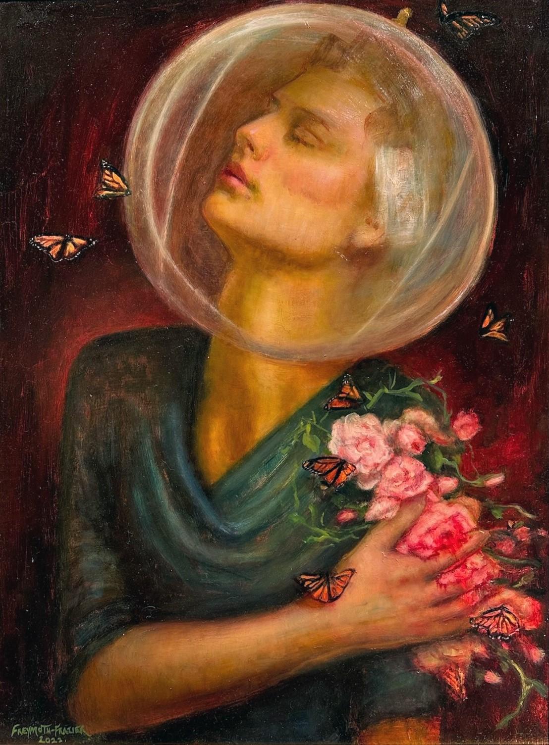 Study for Love Seekers, Portrait with Roses & Butterflies, Framed, Oil on Panel For Sale 5