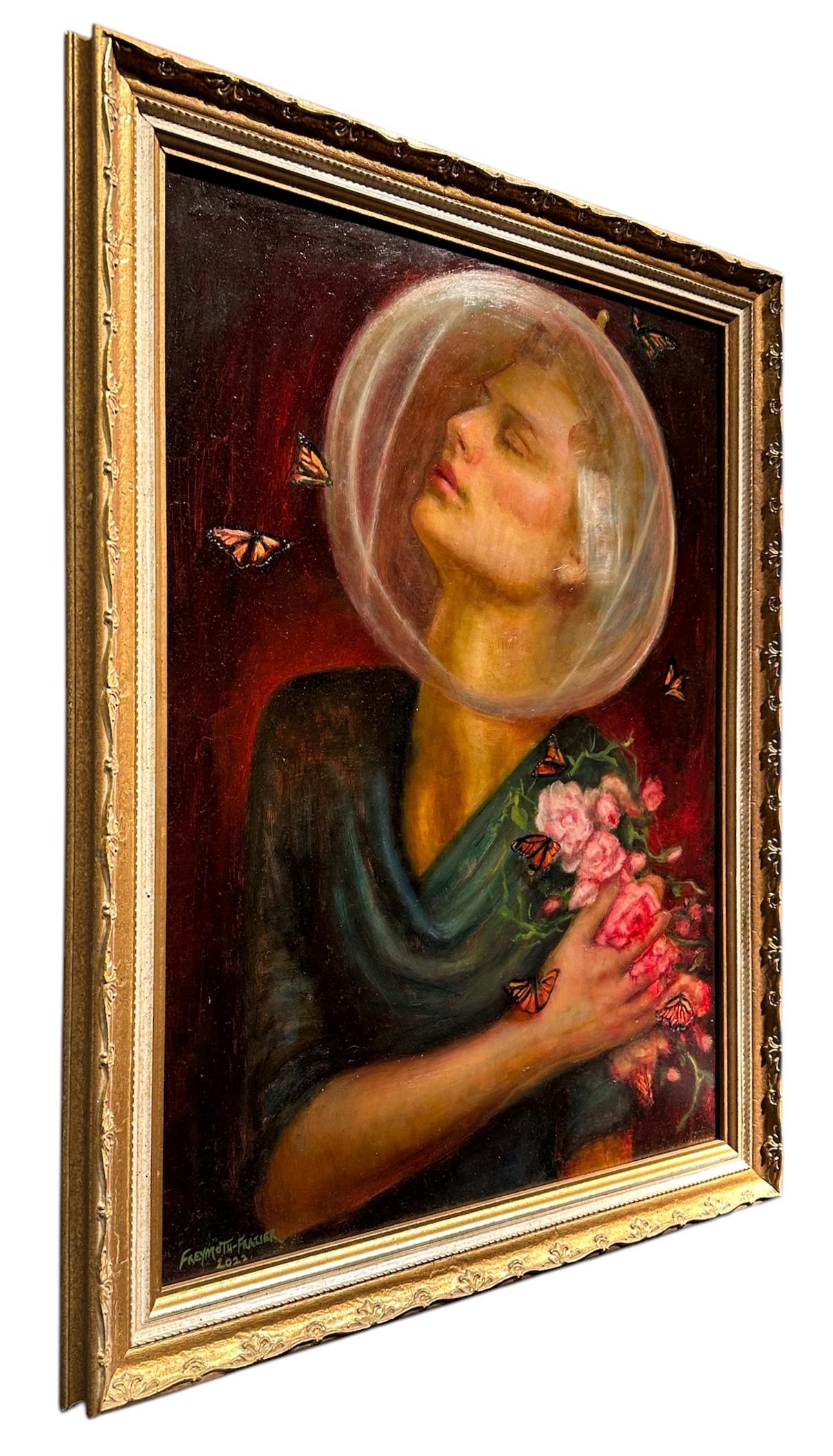 Study for Love Seekers, Portrait with Roses & Butterflies, Framed, Oil on Panel - Painting by Rose Freymuth-Frazier
