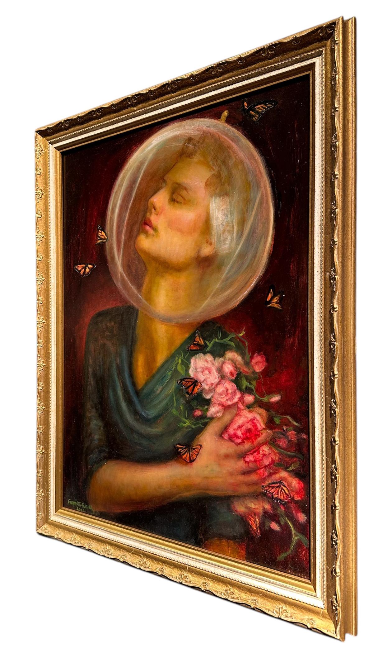 Study for Love Seekers, Portrait with Roses & Butterflies, Framed, Oil on Panel - Contemporary Painting by Rose Freymuth-Frazier