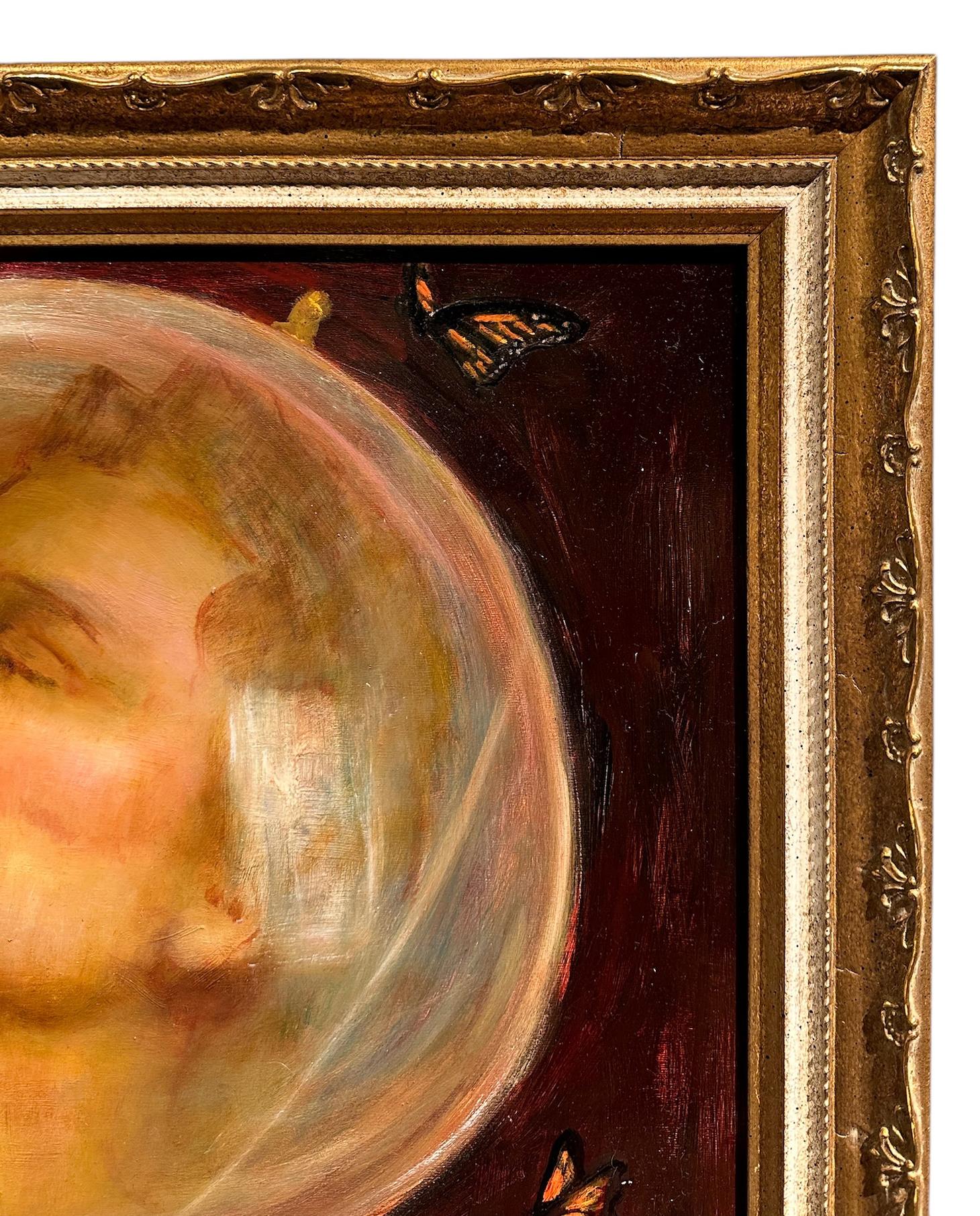 Study for Love Seekers, Portrait with Roses & Butterflies, Framed, Oil on Panel - Brown Figurative Painting by Rose Freymuth-Frazier