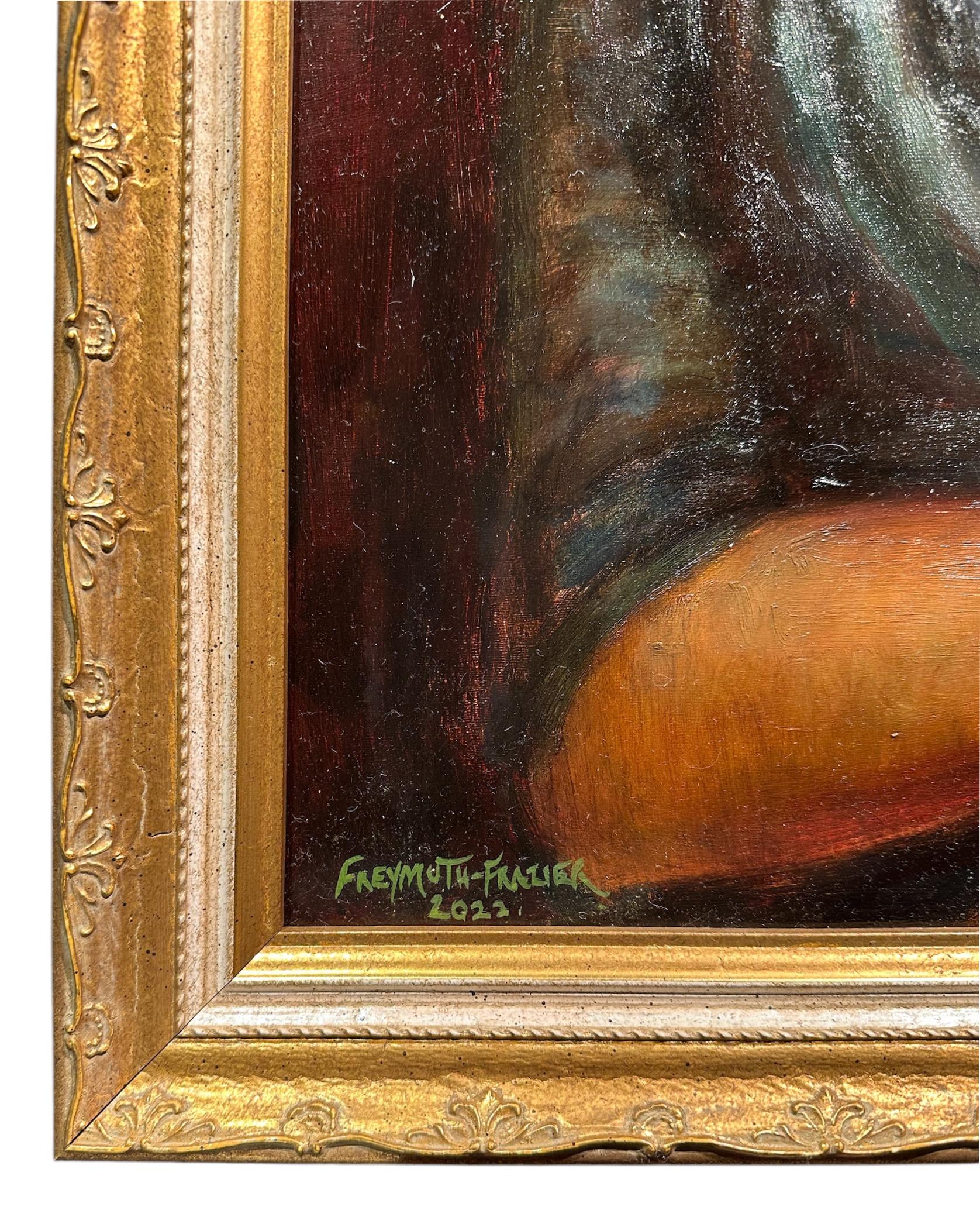 The blond haired subject of Rose Freymuth Frazier's Study for Love Seekers is encased in a bubble, head thrown back in deep contemplation.  No one can disturb the solitude, not even the butterflies that flit around.  This painting is framed in an