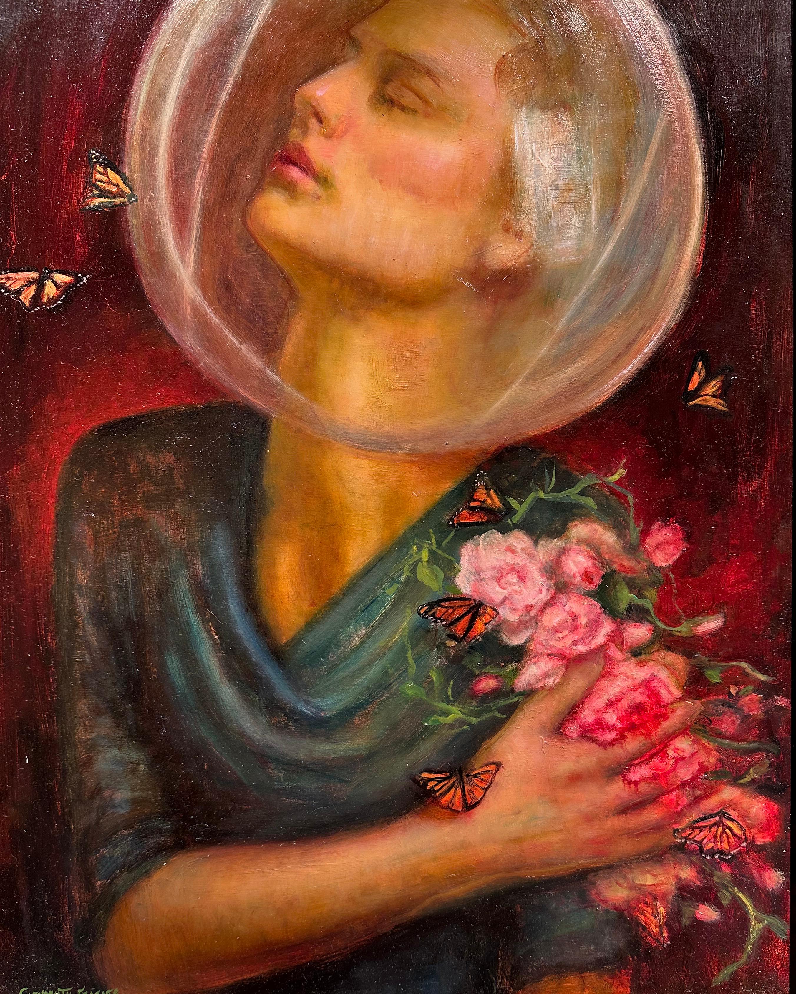 Study for Love Seekers, Portrait with Roses & Butterflies, Framed, Oil on Panel For Sale 1