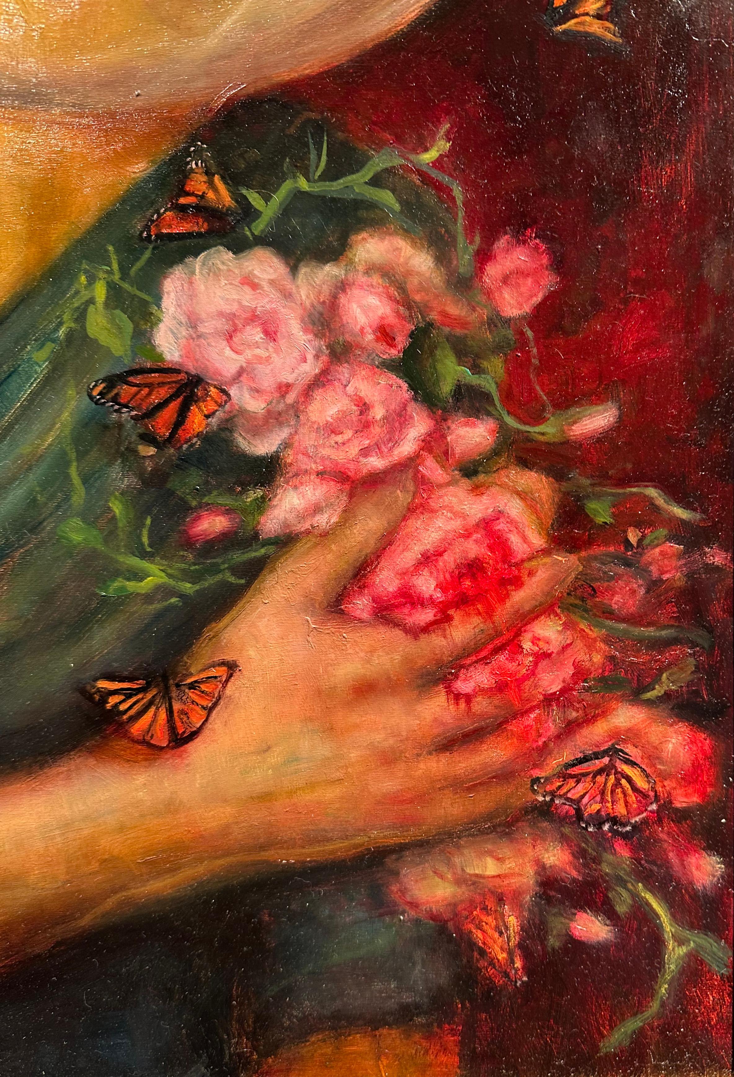 Study for Love Seekers, Portrait with Roses & Butterflies, Framed, Oil on Panel For Sale 4