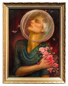 Study for Love Seekers, Porträt mit Rosen und Schmetterlingen, gerahmt, Öl auf Tafel