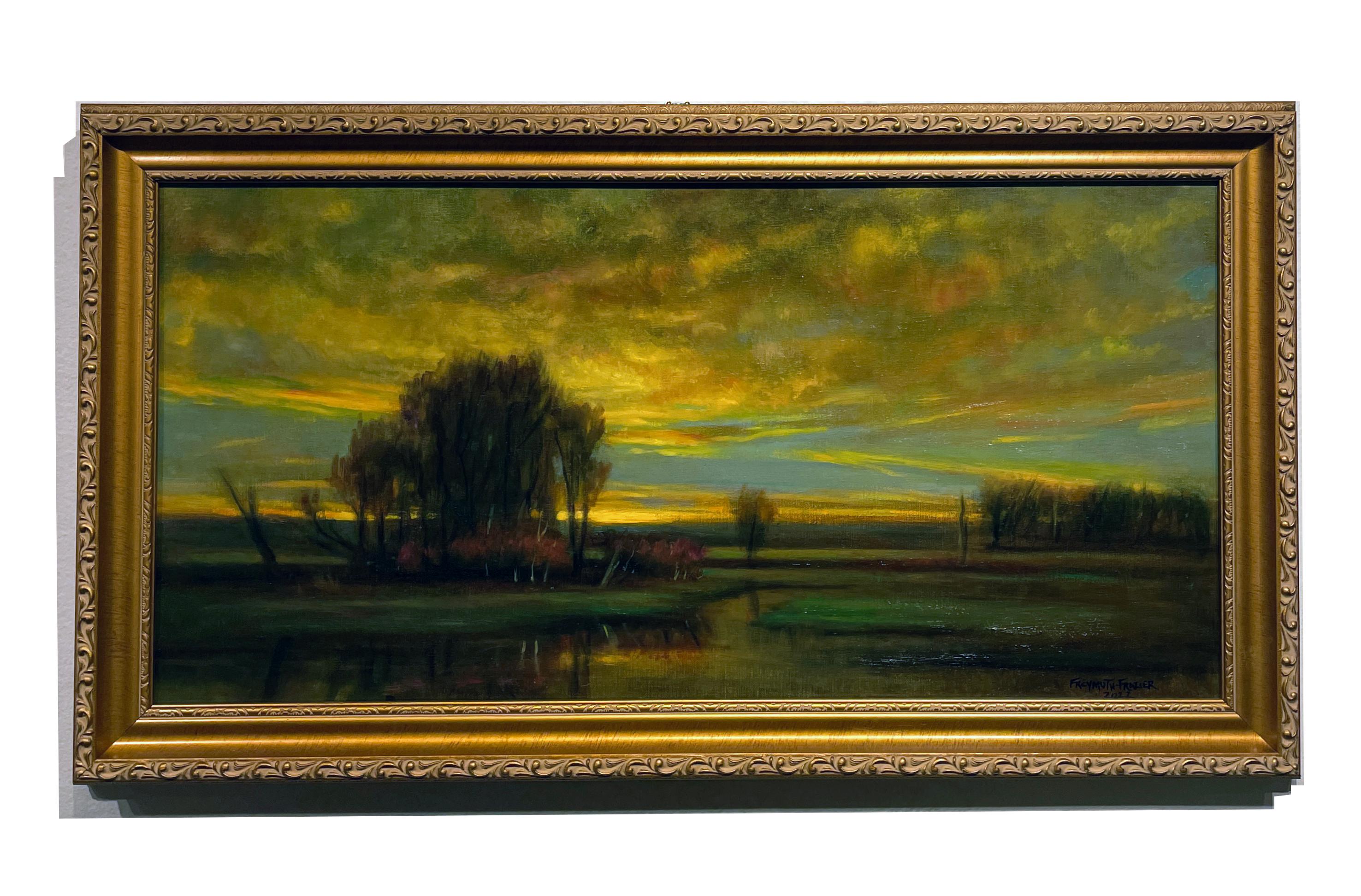 Sunburst, Rising Sun - Reflective Golden Clouds, Marshy Landscape, Original Oil  - Painting by Rose Freymuth-Frazier
