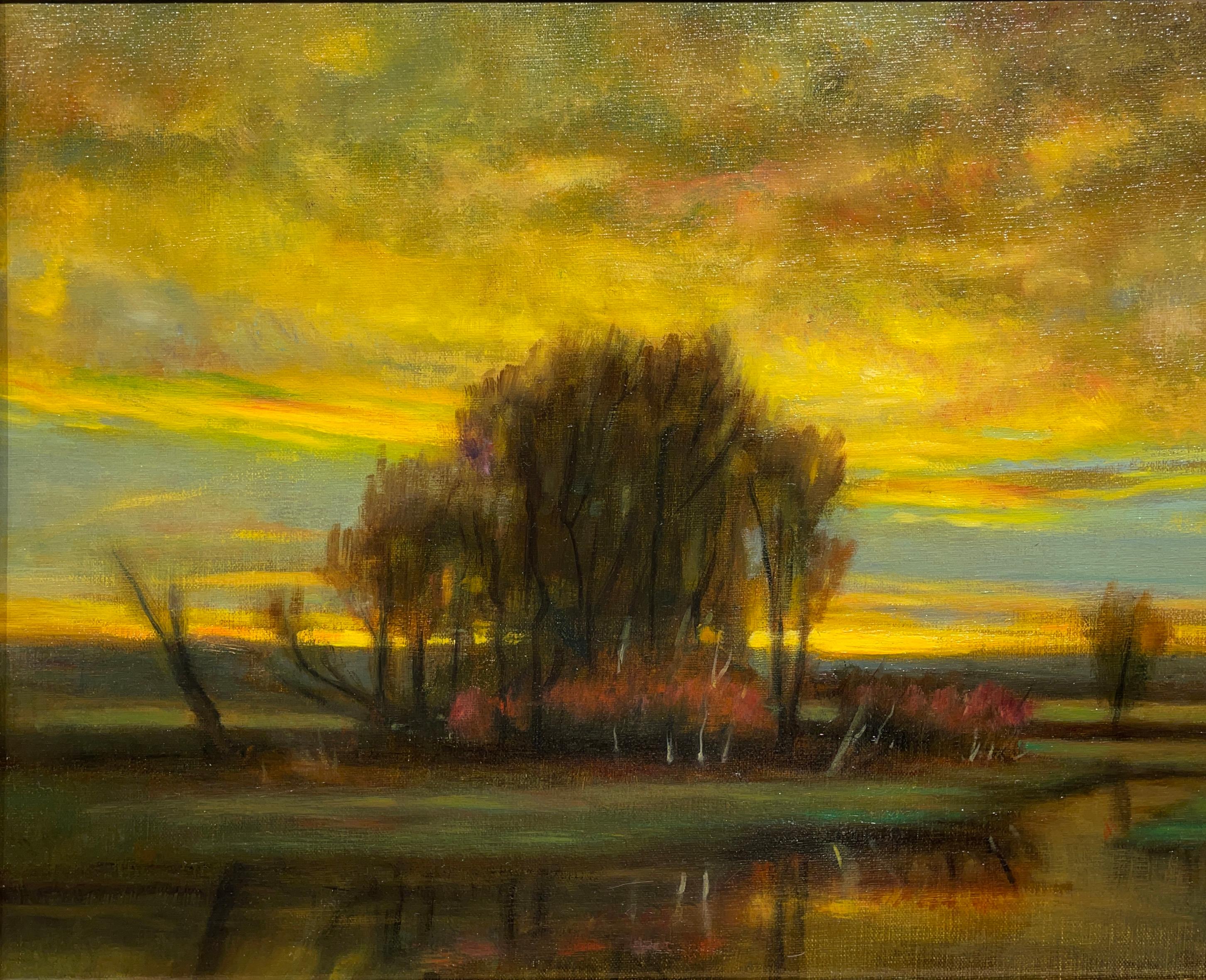 Sunburst, Rising Sun - Reflective Golden Clouds, Marshy Landscape, Original Oil  - Contemporary Painting by Rose Freymuth-Frazier