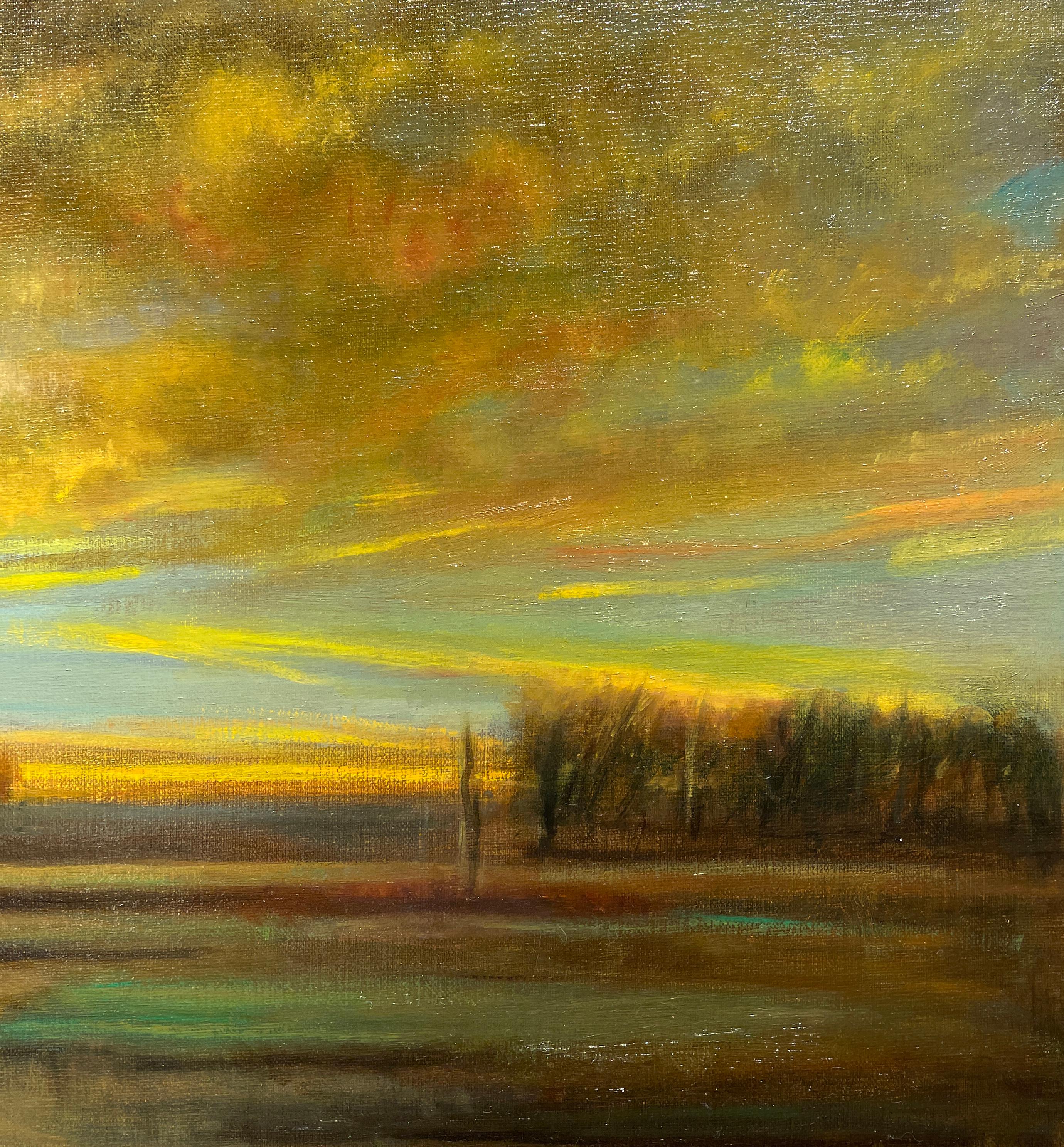 Sunburst, Rising Sun - Reflective Golden Clouds, Marshy Landscape, Original Oil  - Brown Landscape Painting by Rose Freymuth-Frazier