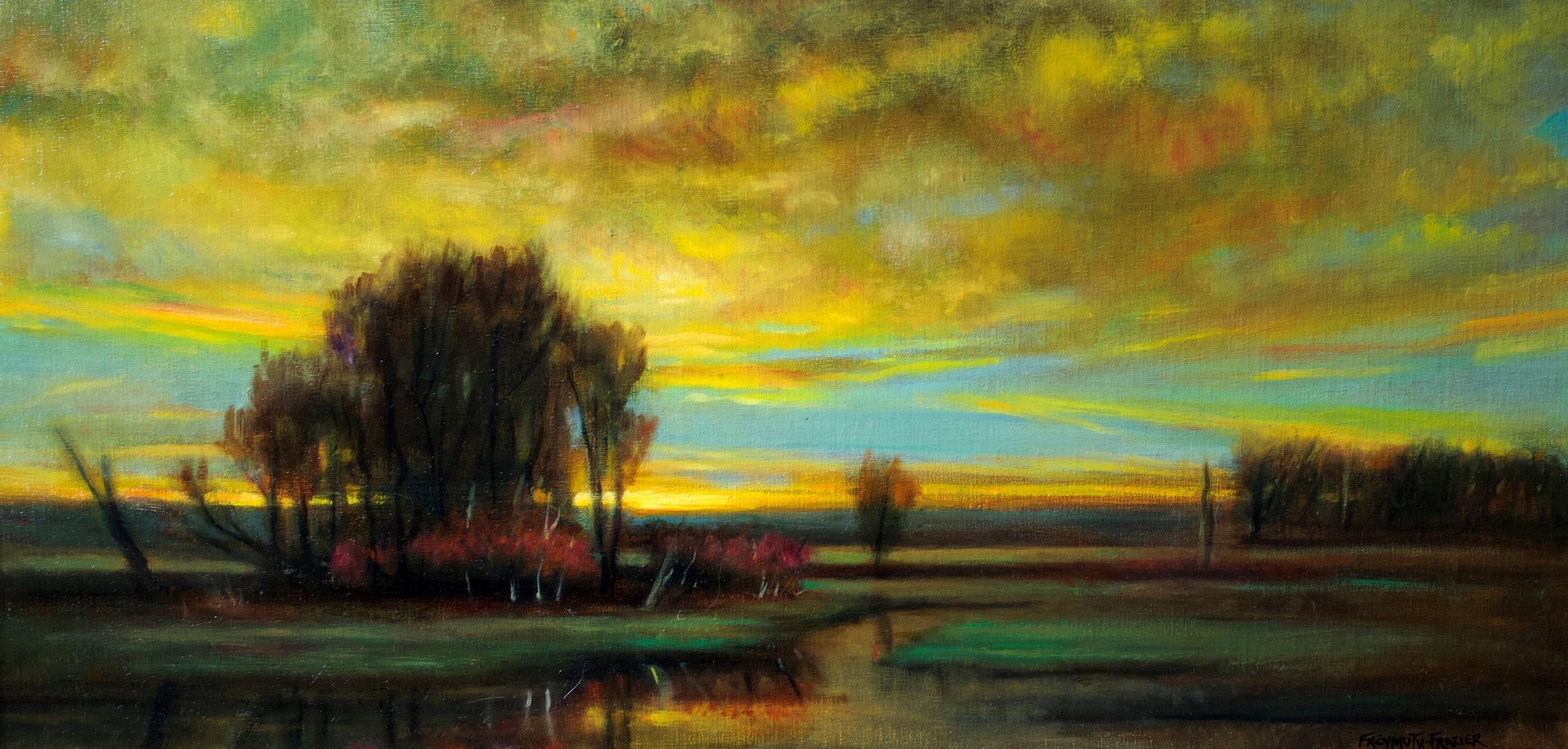 Rose Freymuth-Frazier Landscape Painting - Sunburst, Rising Sun - Reflective Golden Clouds, Marshy Landscape, Original Oil 