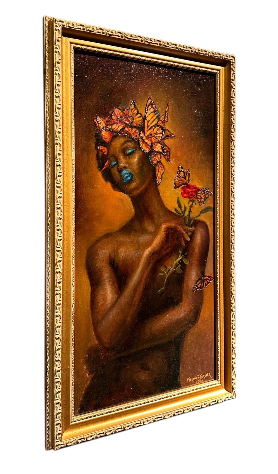 Sweet Surrender, Aktporträt mit Rose und Schmetterlingen, gerahmt, Öl auf Tafel – Painting von Rose Freymuth-Frazier