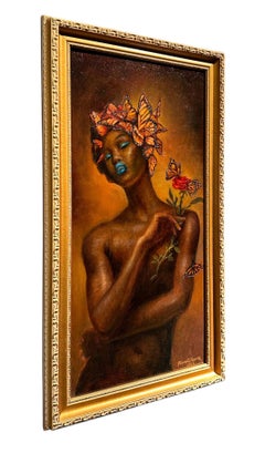 Dulce Rendición, Retrato desnudo con rosa y mariposas, Enmarcado, Óleo sobre tabla
