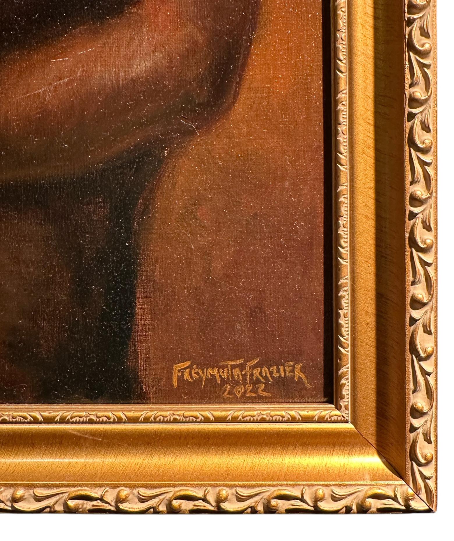 Sweet Surrender, Aktporträt mit Rose und Schmetterlingen, gerahmt, Öl auf Tafel (Braun), Nude Painting, von Rose Freymuth-Frazier