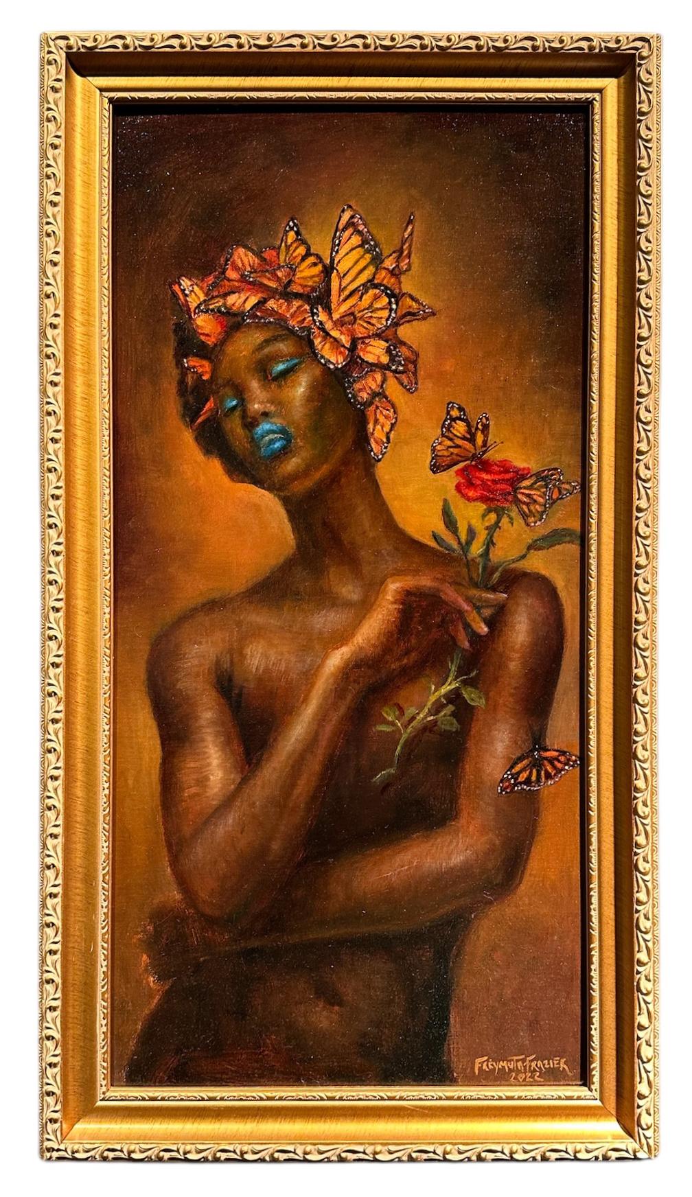 Sweet Surrender, Nude Portrait with Rose and Butterflies, Framed, Oil on Panel