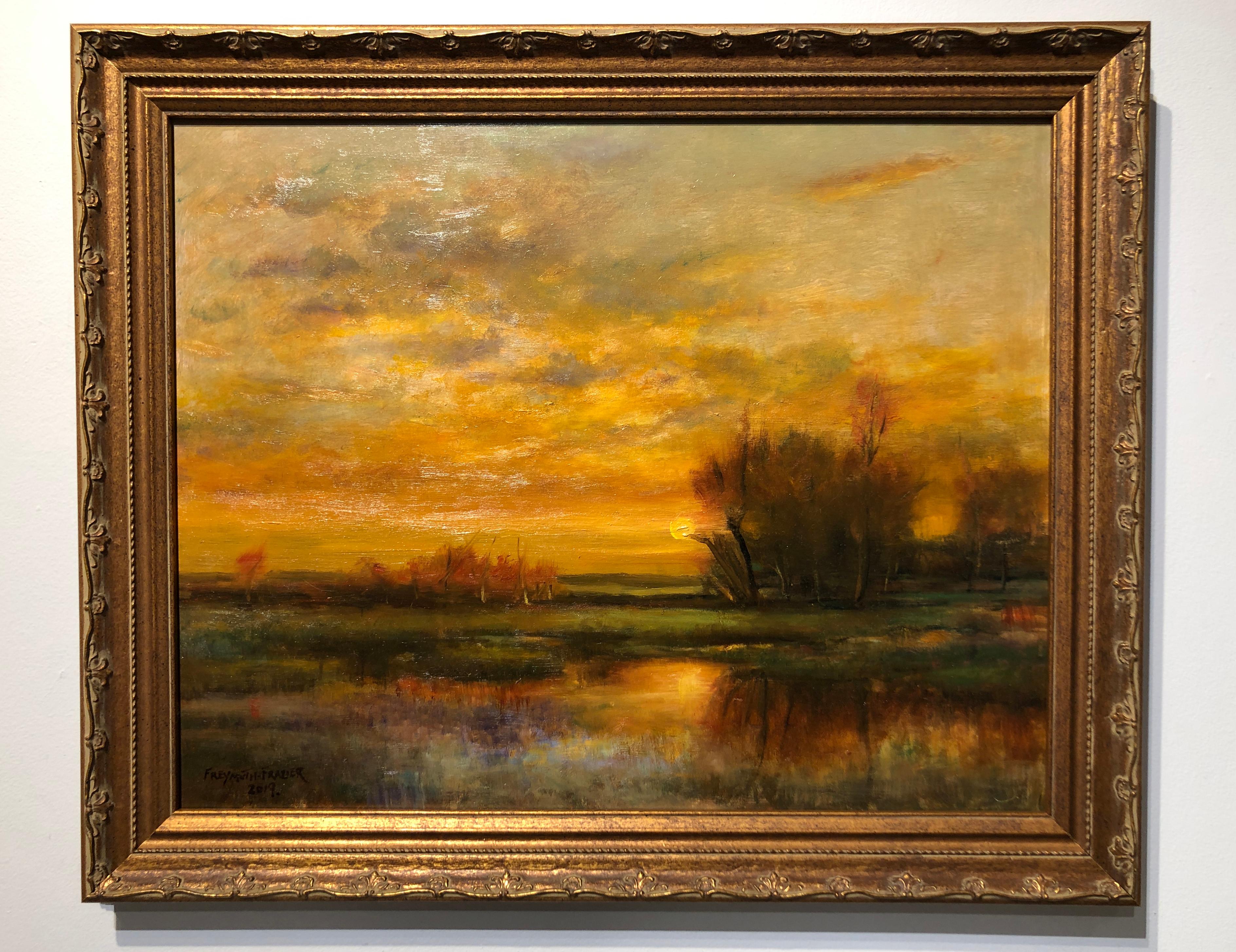 Tangerine Sky  - Original Oil Painting Soft Light Reflecting Romantic Colors - Brown Landscape Painting by Rose Freymuth-Frazier