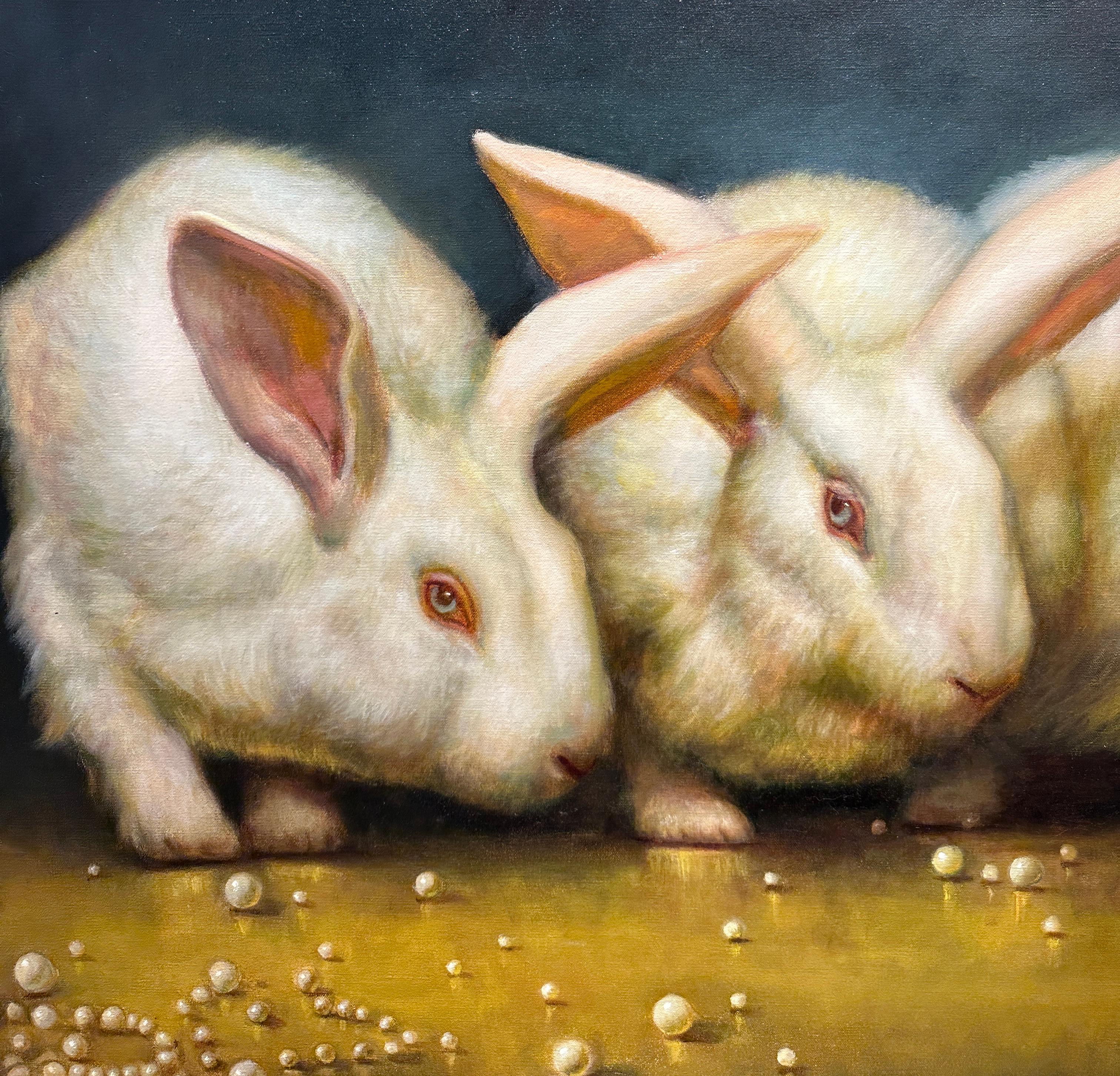 The Wise Ones - Three Rabbits Amongst a Broken Strand of Pearls, Original Oil - Painting by Rose Freymuth-Frazier