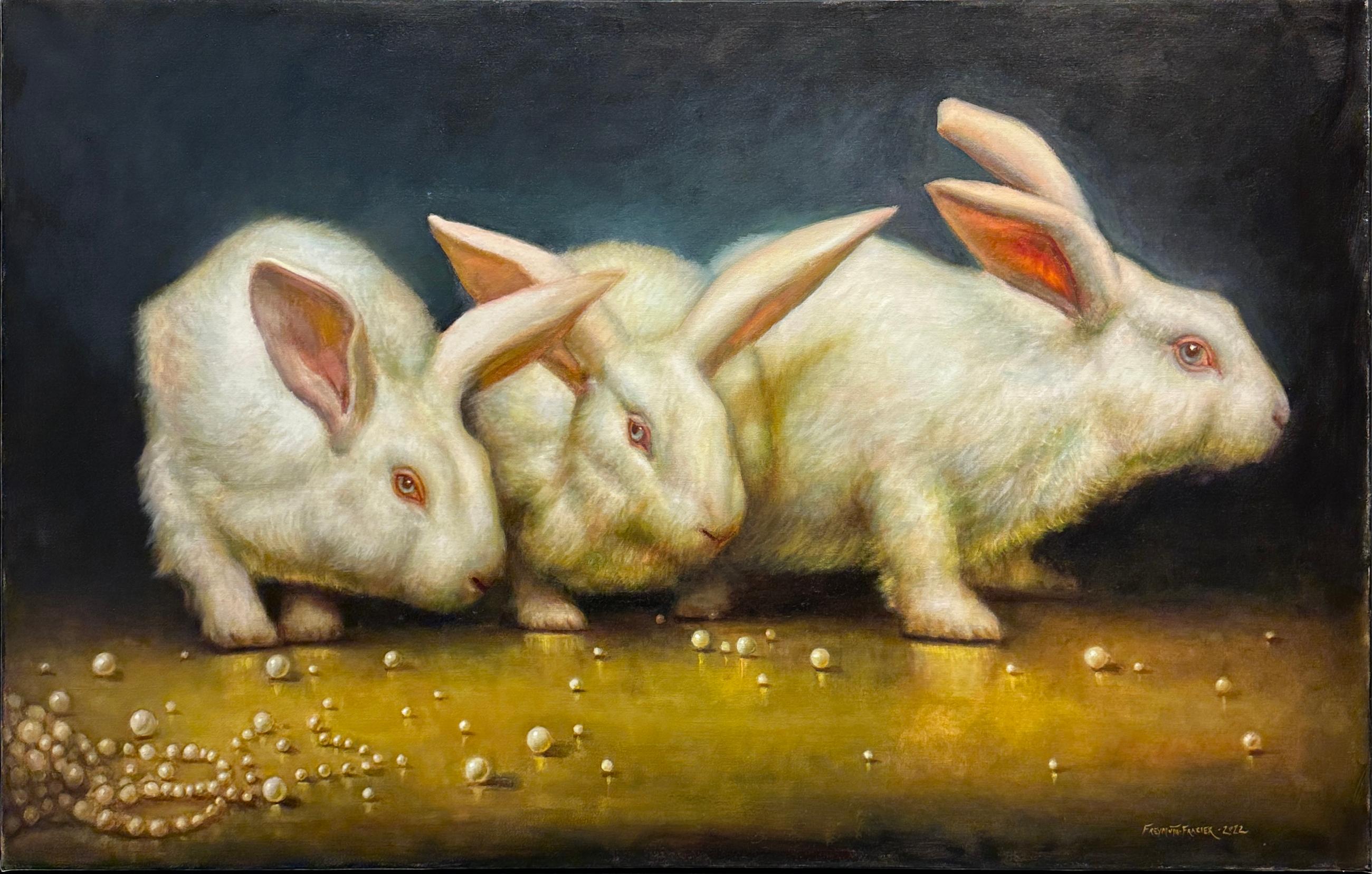 The Wise Ones – Drei Kaninchen unter einem zerbrochenen Perlenstrang, Original Öl im Angebot 1