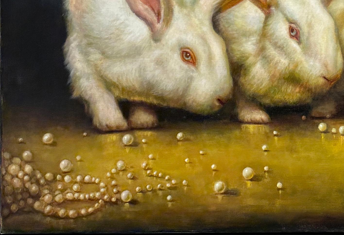 The Wise Ones - Three Rabbits Amongst a Broken Strand of Pearls, Original Oil - Contemporary Painting by Rose Freymuth-Frazier