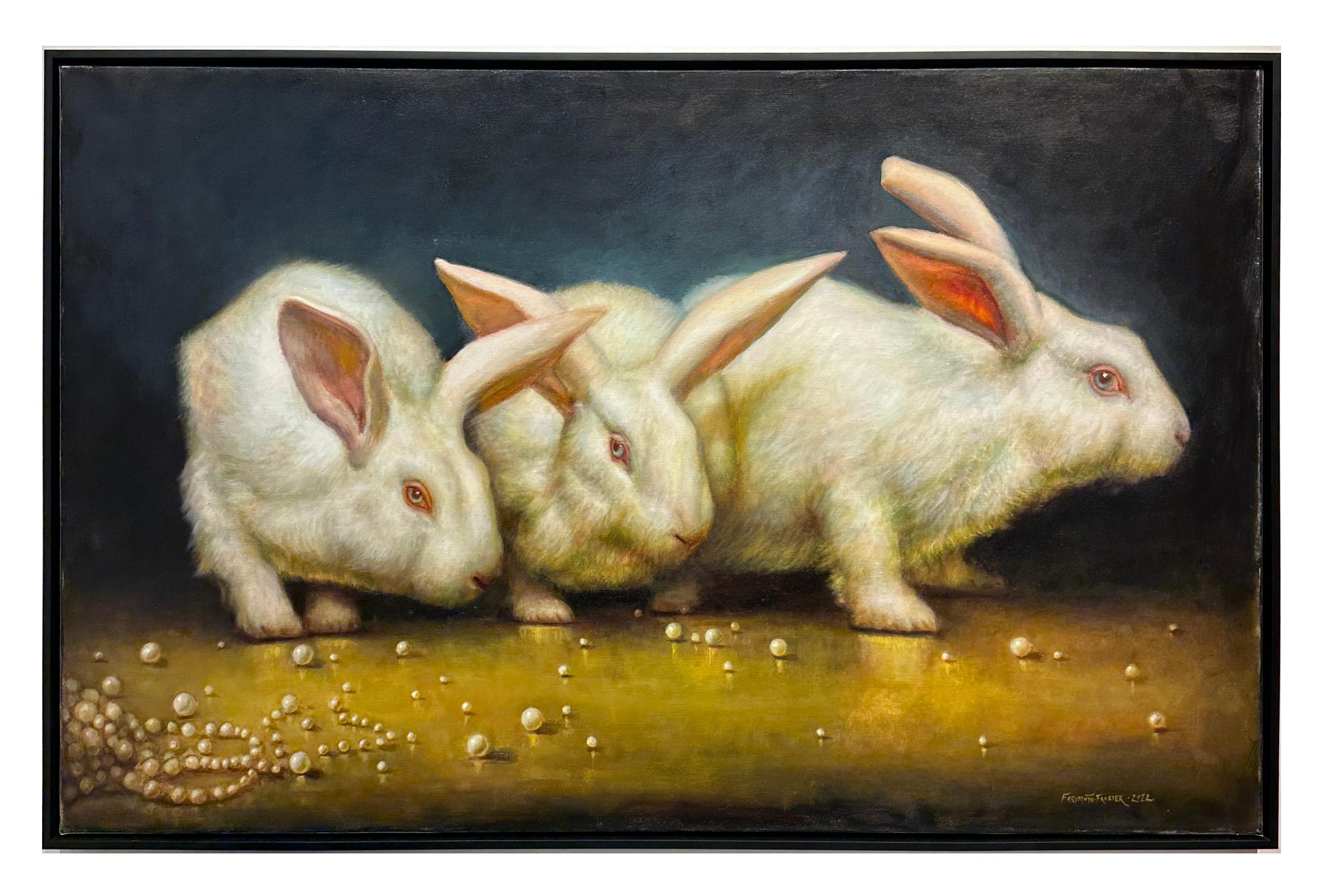 Rose Freymuth-Frazier Figurative Painting - The Wise Ones - Three Rabbits Amongst a Broken Strand of Pearls, Original Oil