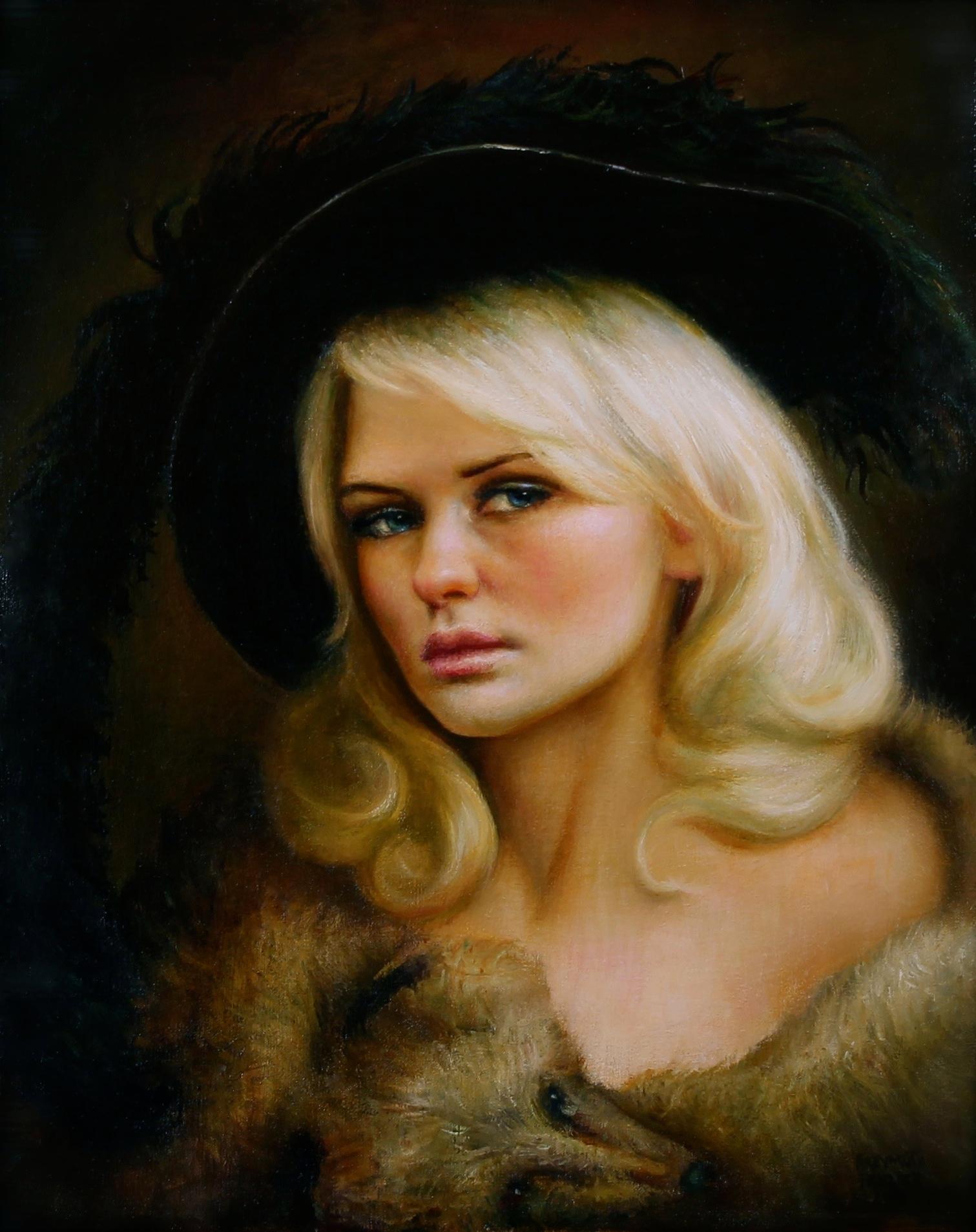 Rose Freymuth-Frazier Figurative Painting - Trapper - Original Oil Painting of Woman in Feather Adorned Hat and Fox Wrap