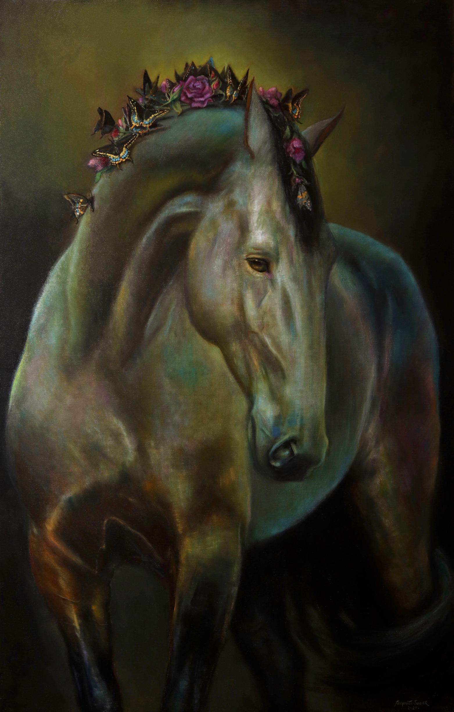 Rose Freymuth-Frazier Animal Painting - Unbroken, Grey Mare with Flower and Butterfly Mane, Framed Oil Painting