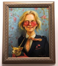 Willful Oblivion- Oil Painting, Woman Wearing Rose Sunglasses with Chihuahua Dog