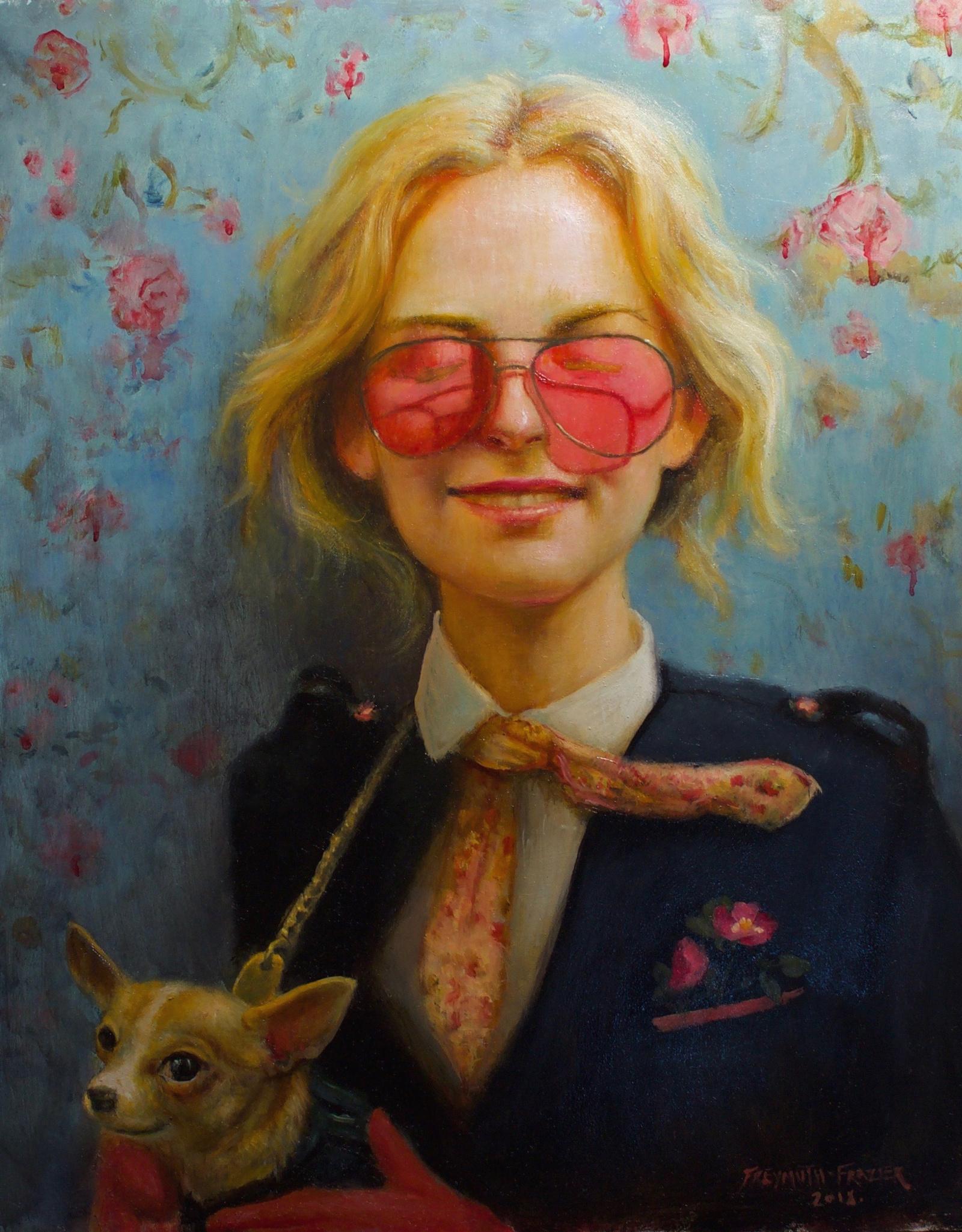 Rose Freymuth-Frazier Figurative Painting - Willful Oblivion- Oil Painting, Woman Wearing Rose Sunglasses with Chihuahua Dog