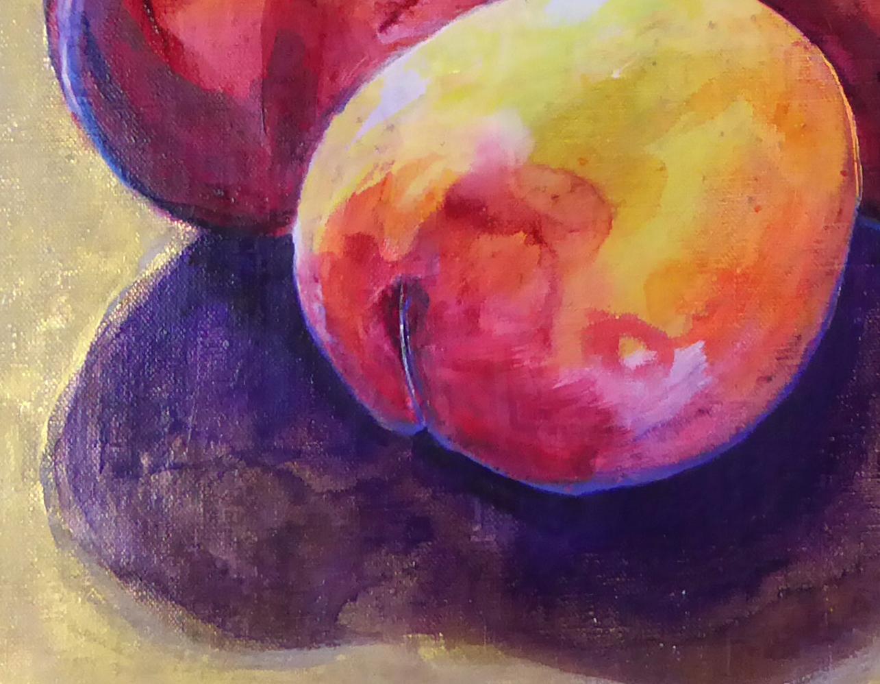 Still Life With Persimmon è un'esclusiva natura morta espressionista moderna dipinta con toni vibranti di lavaggio acrilico, pastello a olio e foglia d'oro finta dall'artista contemporanea britannica Rose Fulbright. 

L'opera è firmata e viene