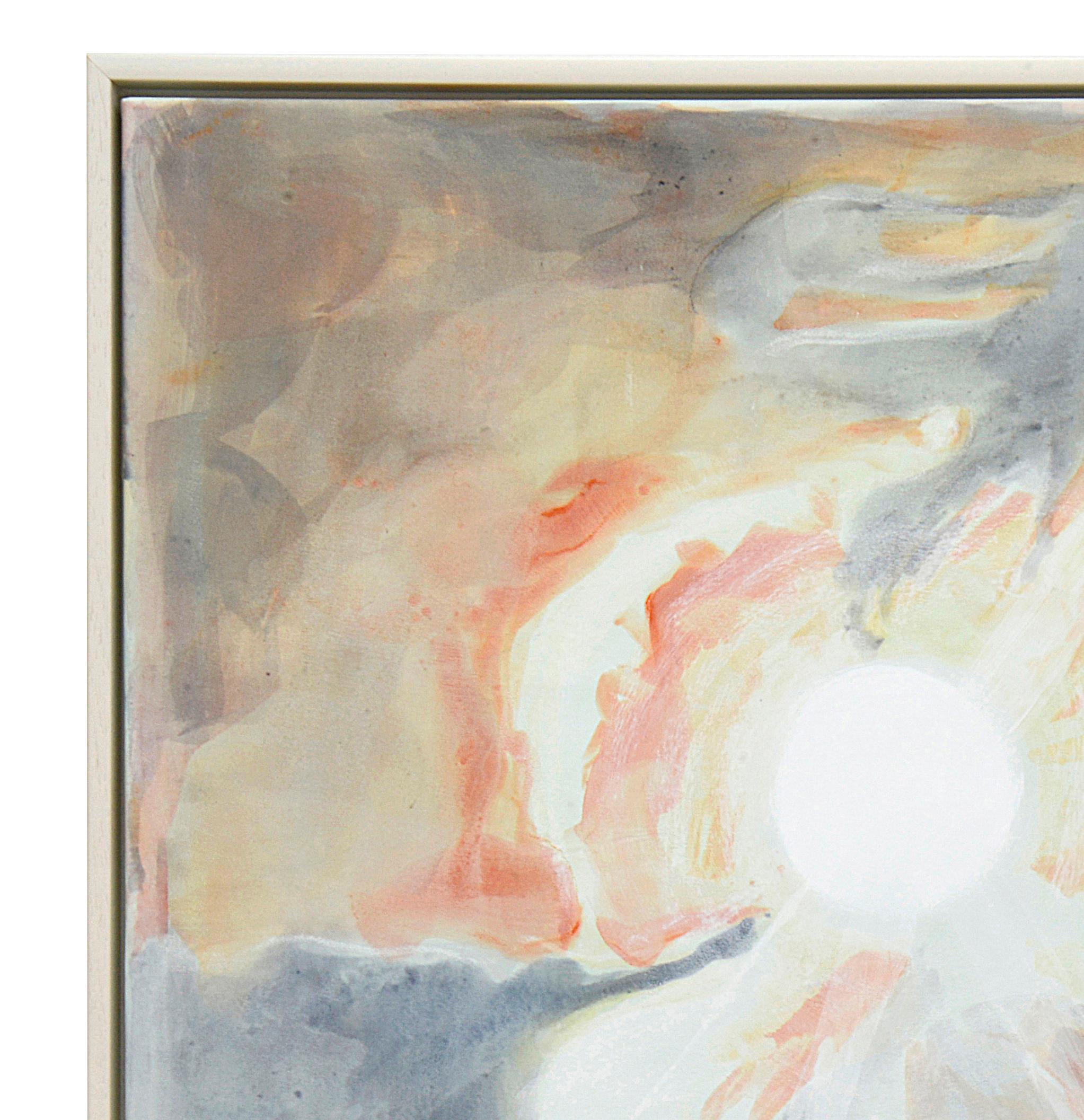 El sol, el cielo I es una pintura expresionista contemporánea única del sol brillando entre las nubes en acrílico de color pastel sobre satén de seda verde menta, de la artista contemporánea británica Rose Fulbright. Tiene un cuadro hermano, El Sol,