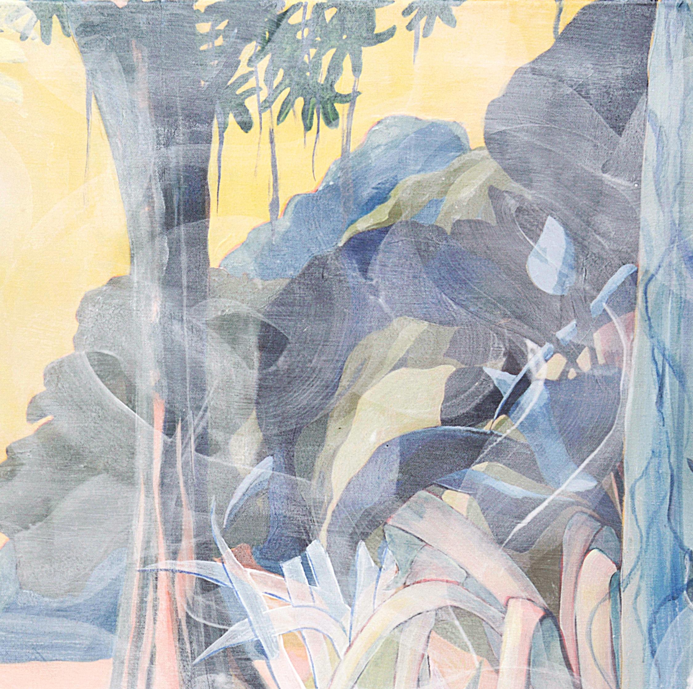El borde de la jungla 

Singular pintura expresionista moderna de estilo fauvista de una escena selvática en colores pastel en acrílico sobre lienzo de algodón de la artista contemporánea británica Rose Fulbright. 
La obra está firmada, se vende