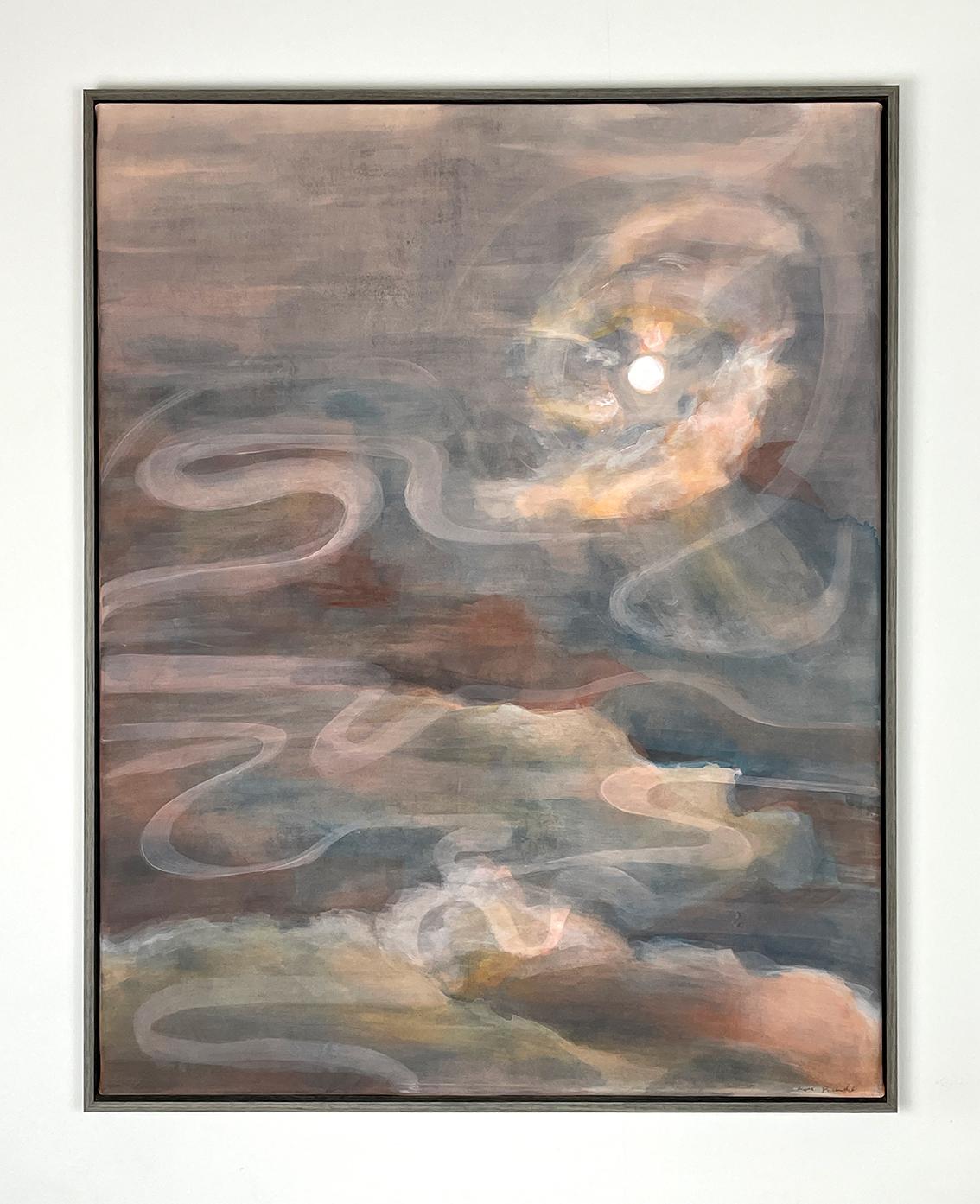Luna crepuscular - Pintura expresionista contemporánea del paisaje celeste sobre seda 2024