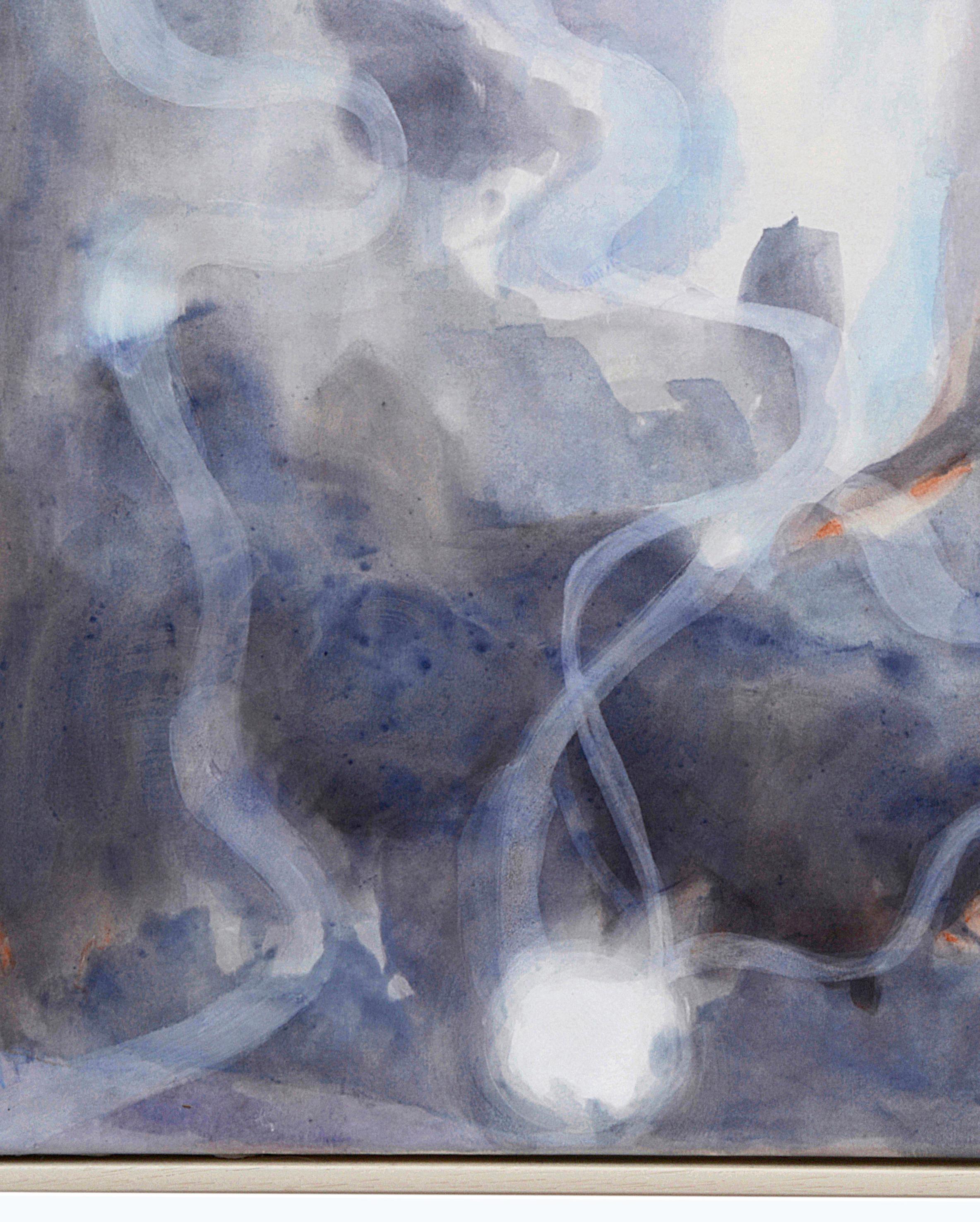 Vitalis - Pintura Expresionista Contemporánea Paisaje Celeste sobre Seda 2024 - Figurative Painting Gris de Rose Fulbright